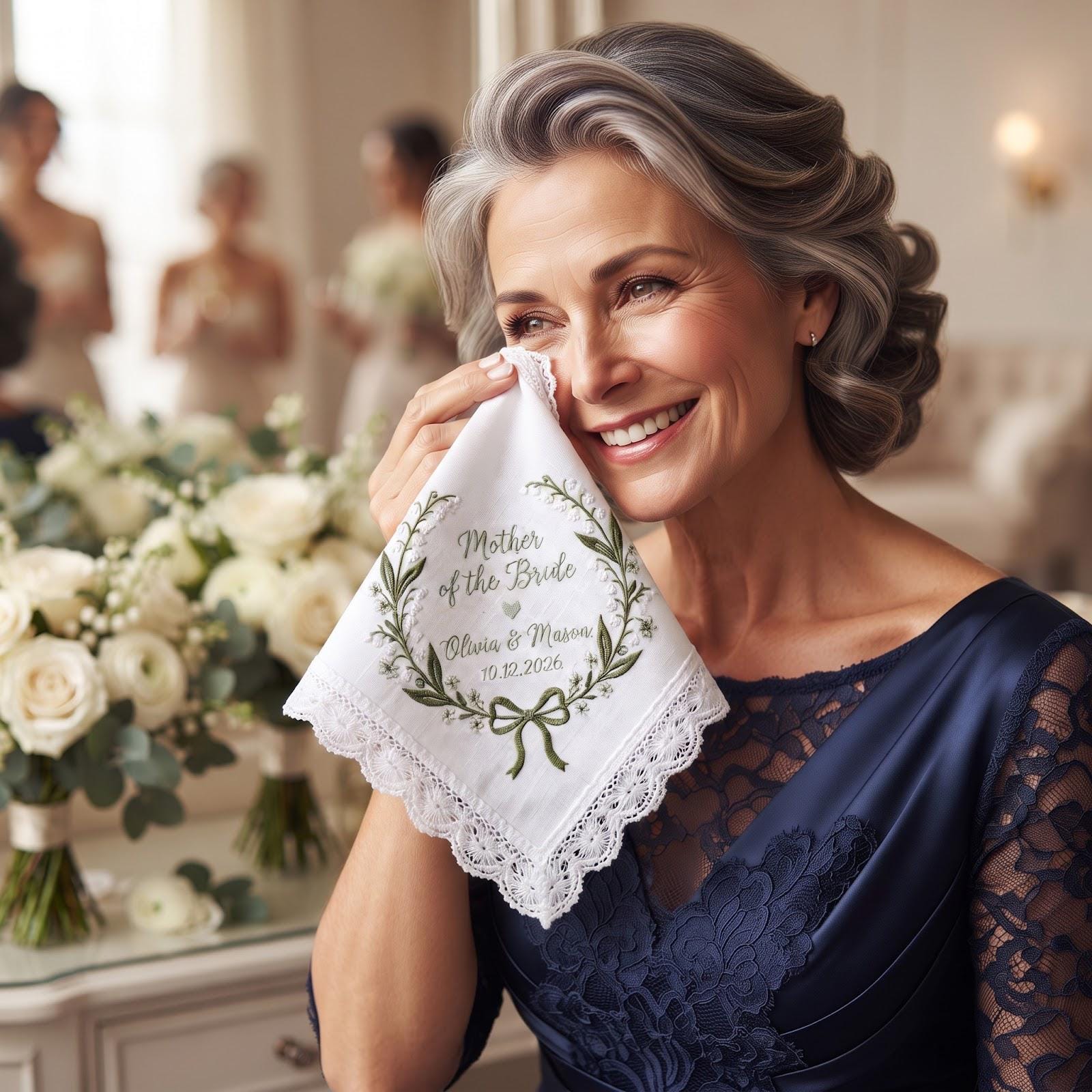 Personalized Mother of the Bride Handkerchief with Lily of the Valley Embroidered Wedding Hanky, Custom Names and Date Mom Wedding Gift - photo 7