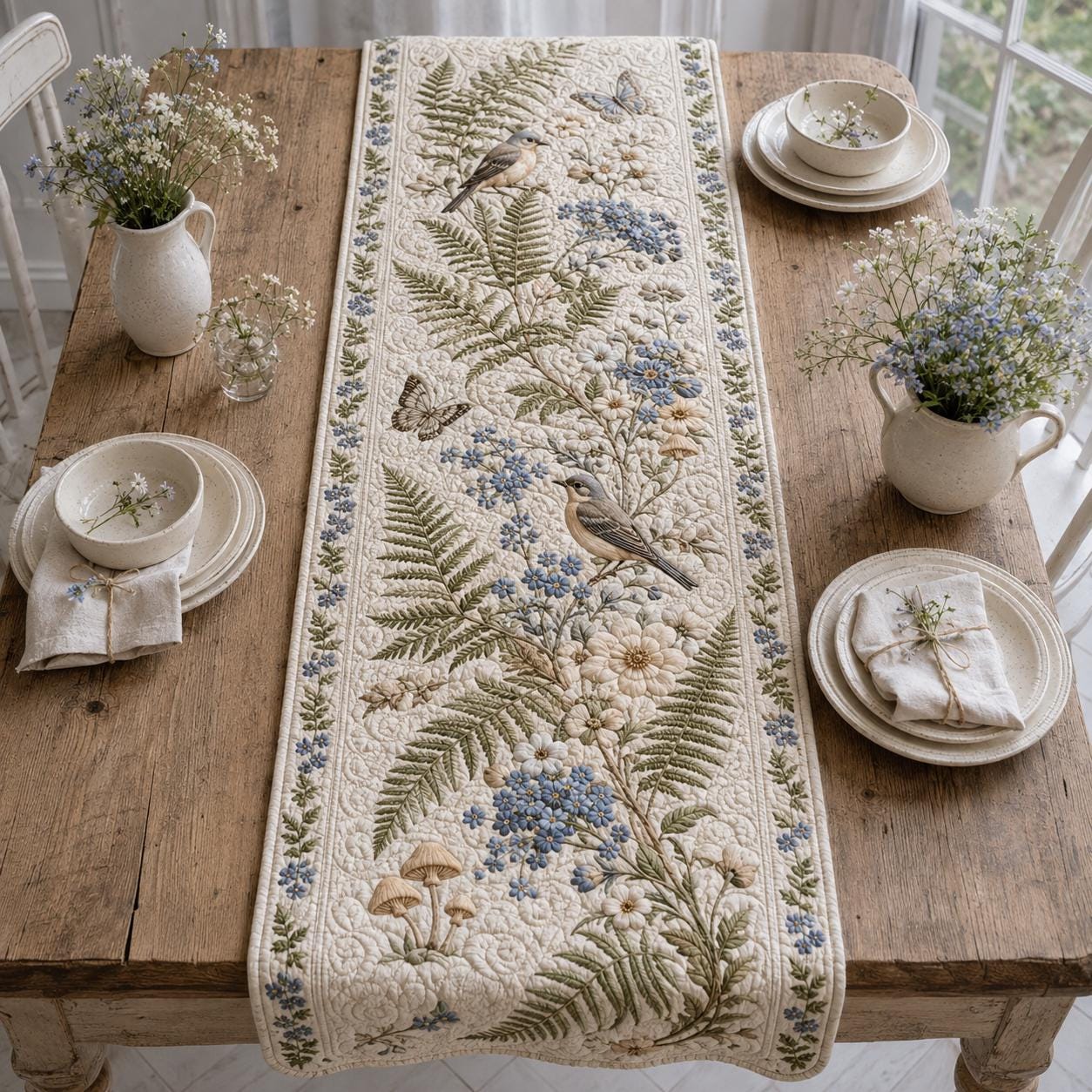 Hydrangea Hummingbird Table Runner with Quilt Style Floral Table Decor, Botanical Bird Runner, and Cottage Garden Farmhouse Dining Decor