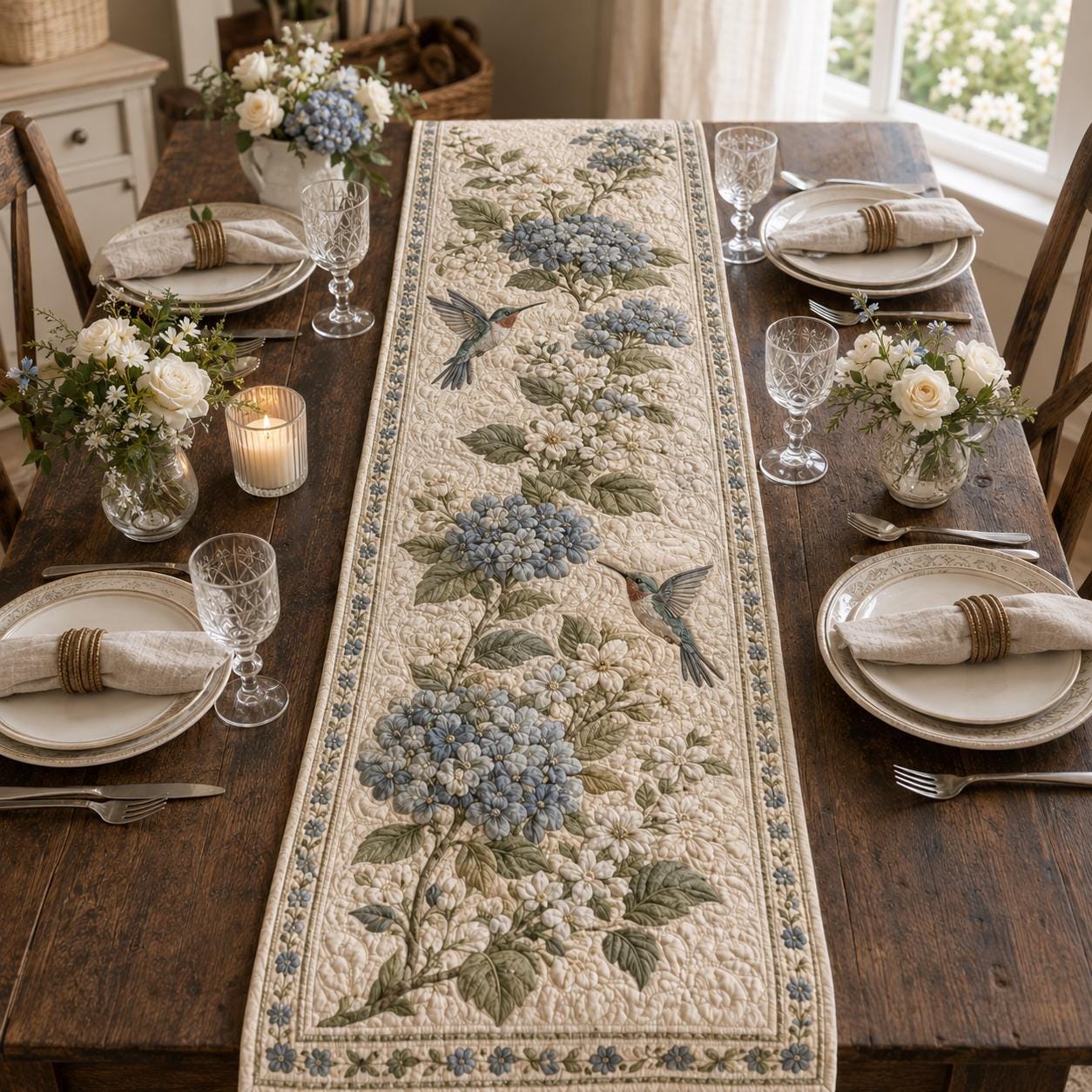 Hydrangea Hummingbird Table Runner with Quilt Style Floral Table Decor, Botanical Bird Runner, and Cottage Garden Farmhouse Dining Decor - photo 2