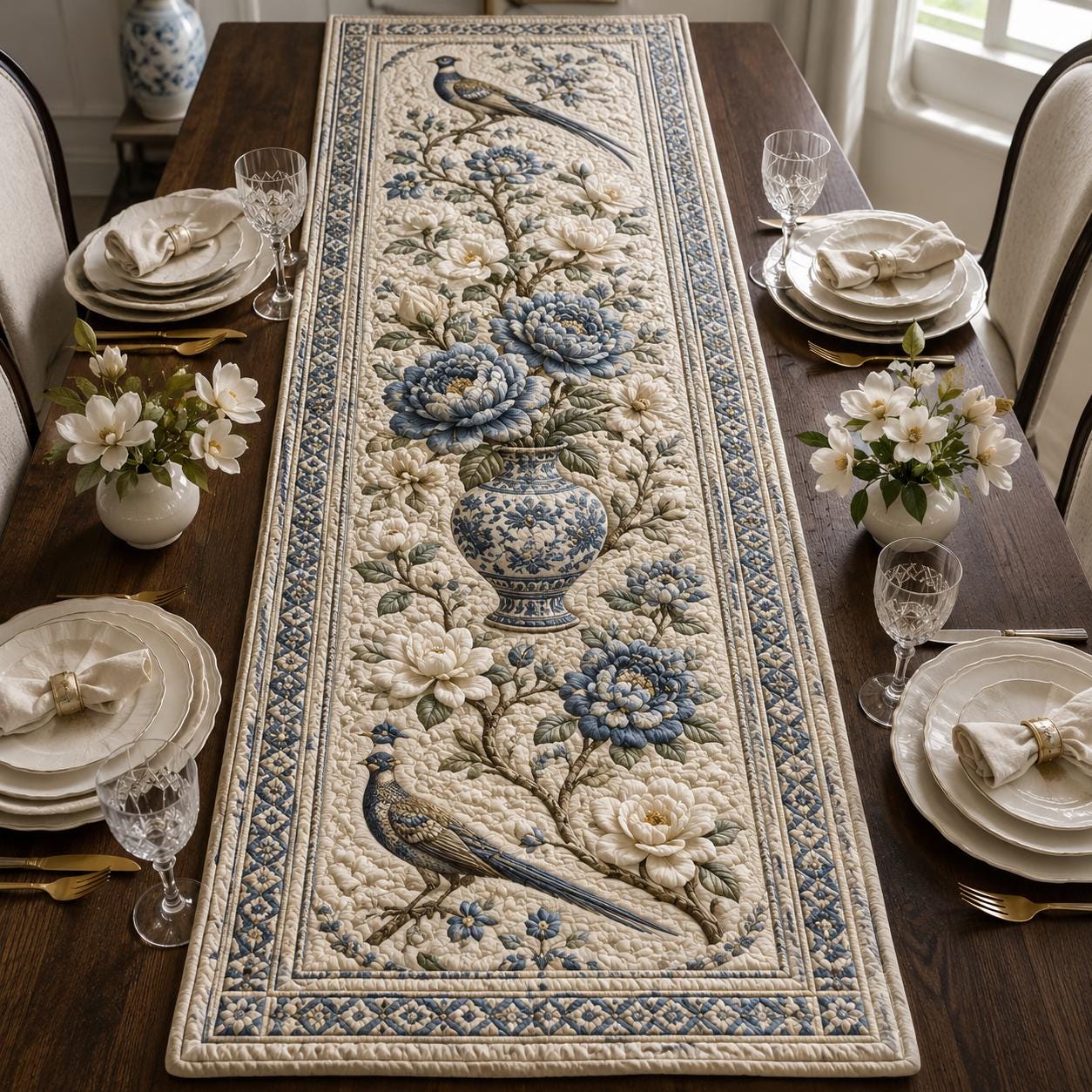 Hydrangea Hummingbird Table Runner with Quilt Style Floral Table Decor, Botanical Bird Runner, and Cottage Garden Farmhouse Dining Decor - photo 3