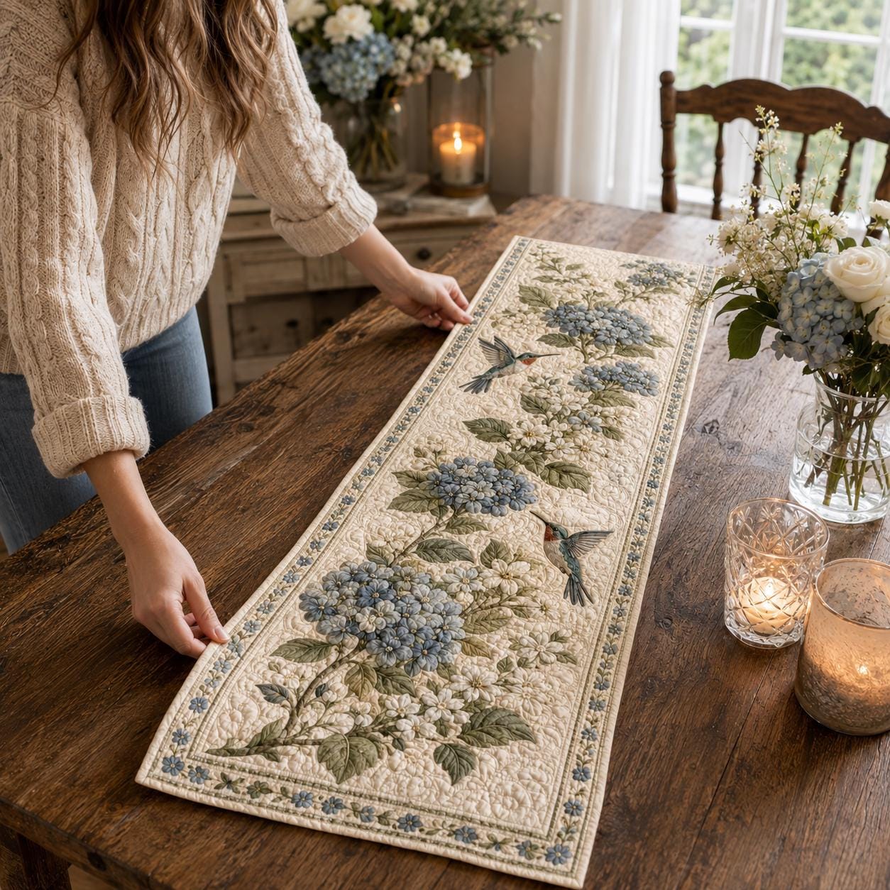 Hydrangea Hummingbird Table Runner with Quilt Style Floral Table Decor, Botanical Bird Runner, and Cottage Garden Farmhouse Dining Decor - photo 6