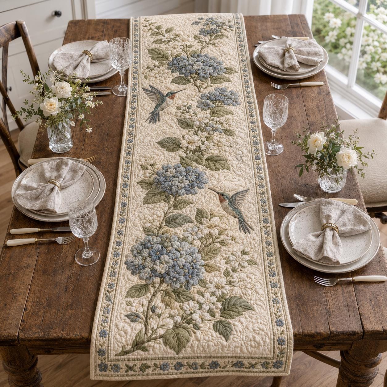 Hydrangea Hummingbird Table Runner with Quilt Style Floral Table Decor, Botanical Bird Runner, and Cottage Garden Farmhouse Dining Decor - photo 7