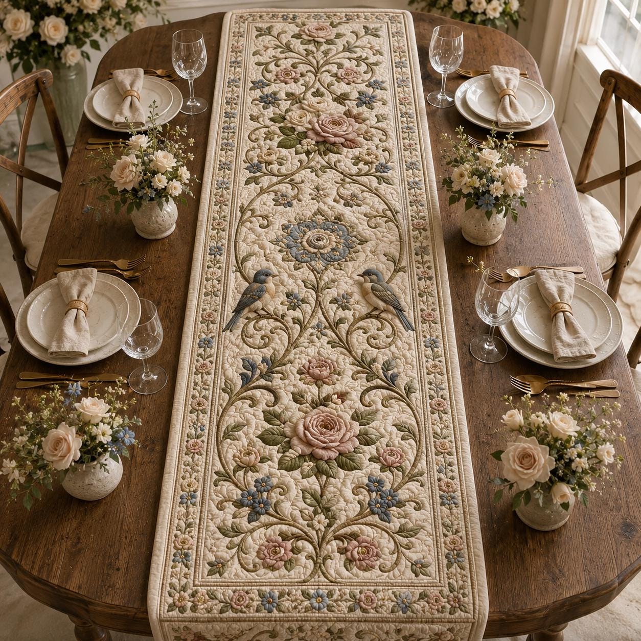 Hydrangea Hummingbird Table Runner with Quilt Style Floral Table Decor, Botanical Bird Runner, and Cottage Garden Farmhouse Dining Decor - photo 8