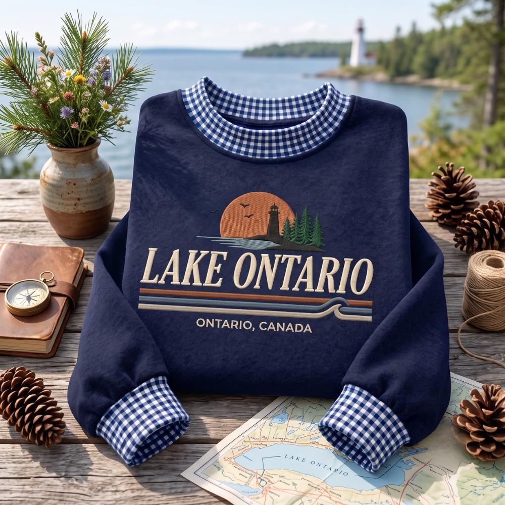 Great Lakes Embroidered Sweatshirt – Ontario Canada Lake Life Lighthouse Sunset Scenic Crewneck, Sweater Travel Gift
