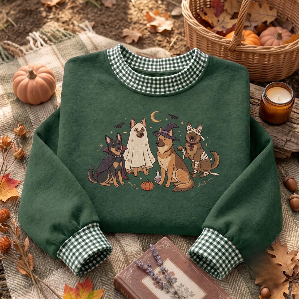 Dog Halloween Embroidered Sweatshirt with Ghost Witch Vampire Mummy Puppy Crewneck, Cute Spooky Pet Lover Fall Sweater Gift
