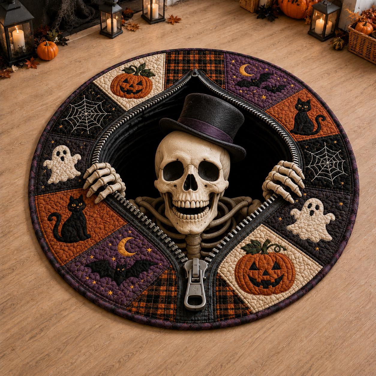 Skeleton Zipper Halloween Round Rug with Pumpkin Black Cat 3D Illusion Quilted Skull Floor Mat and Spooky Ghost Gothic Decor
