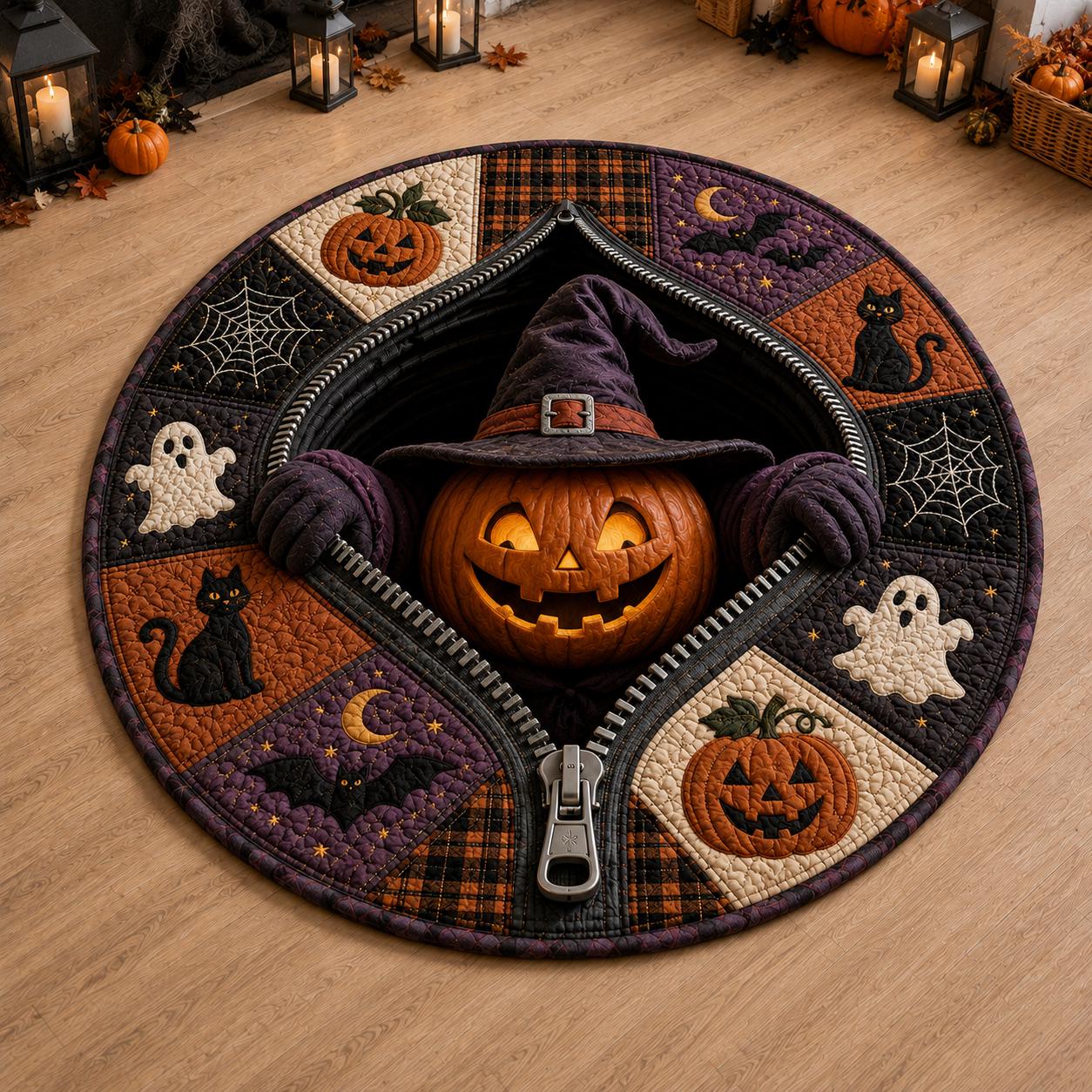 Skeleton Zipper Halloween Round Rug with Pumpkin Black Cat 3D Illusion Quilted Skull Floor Mat and Spooky Ghost Gothic Decor - photo 2