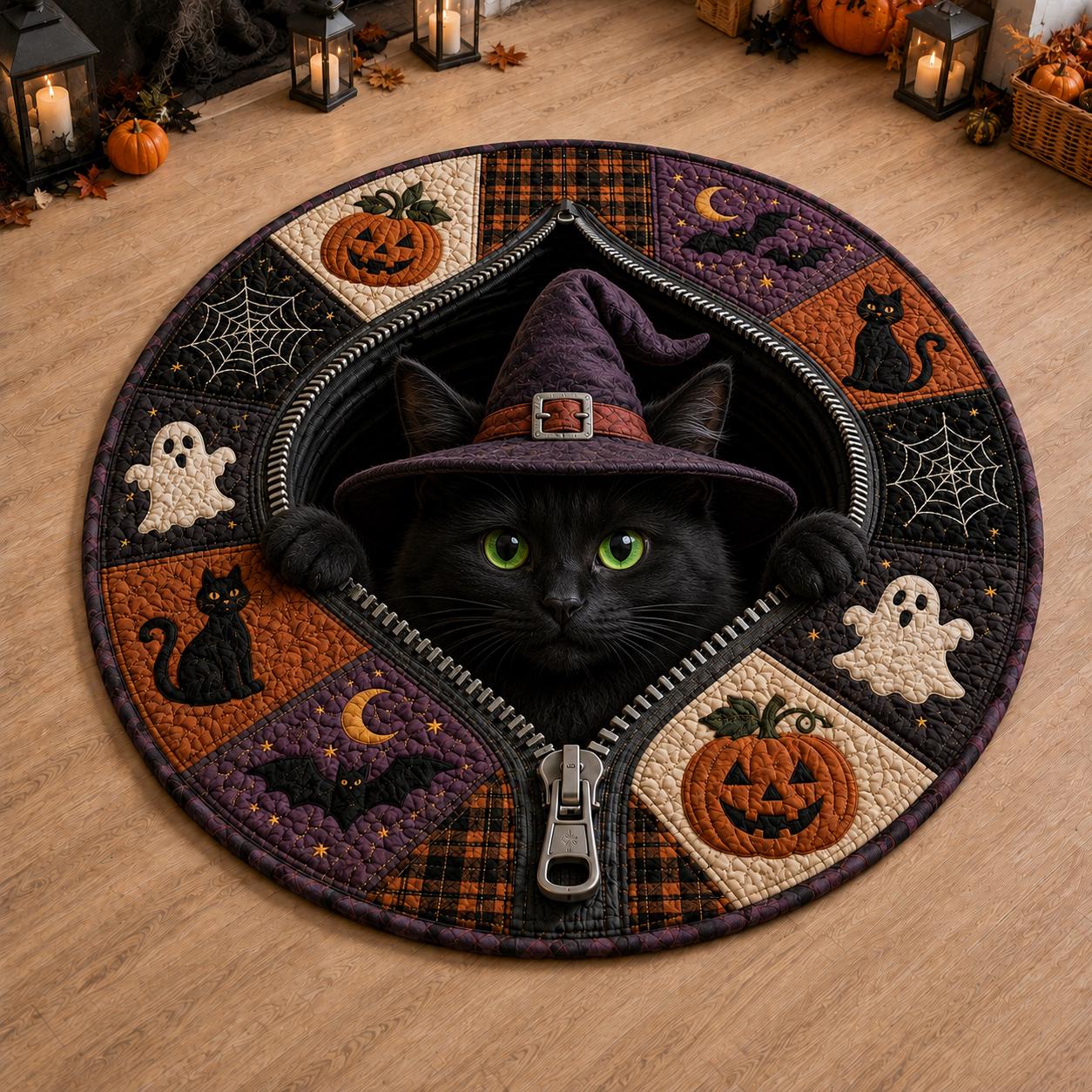 Skeleton Zipper Halloween Round Rug with Pumpkin Black Cat 3D Illusion Quilted Skull Floor Mat and Spooky Ghost Gothic Decor - photo 3