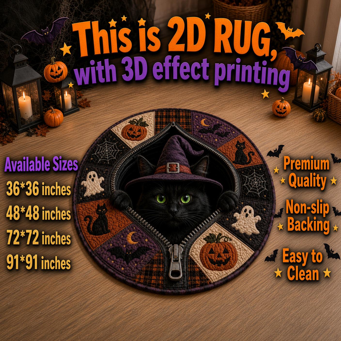 Skeleton Zipper Halloween Round Rug with Pumpkin Black Cat 3D Illusion Quilted Skull Floor Mat and Spooky Ghost Gothic Decor - photo 4
