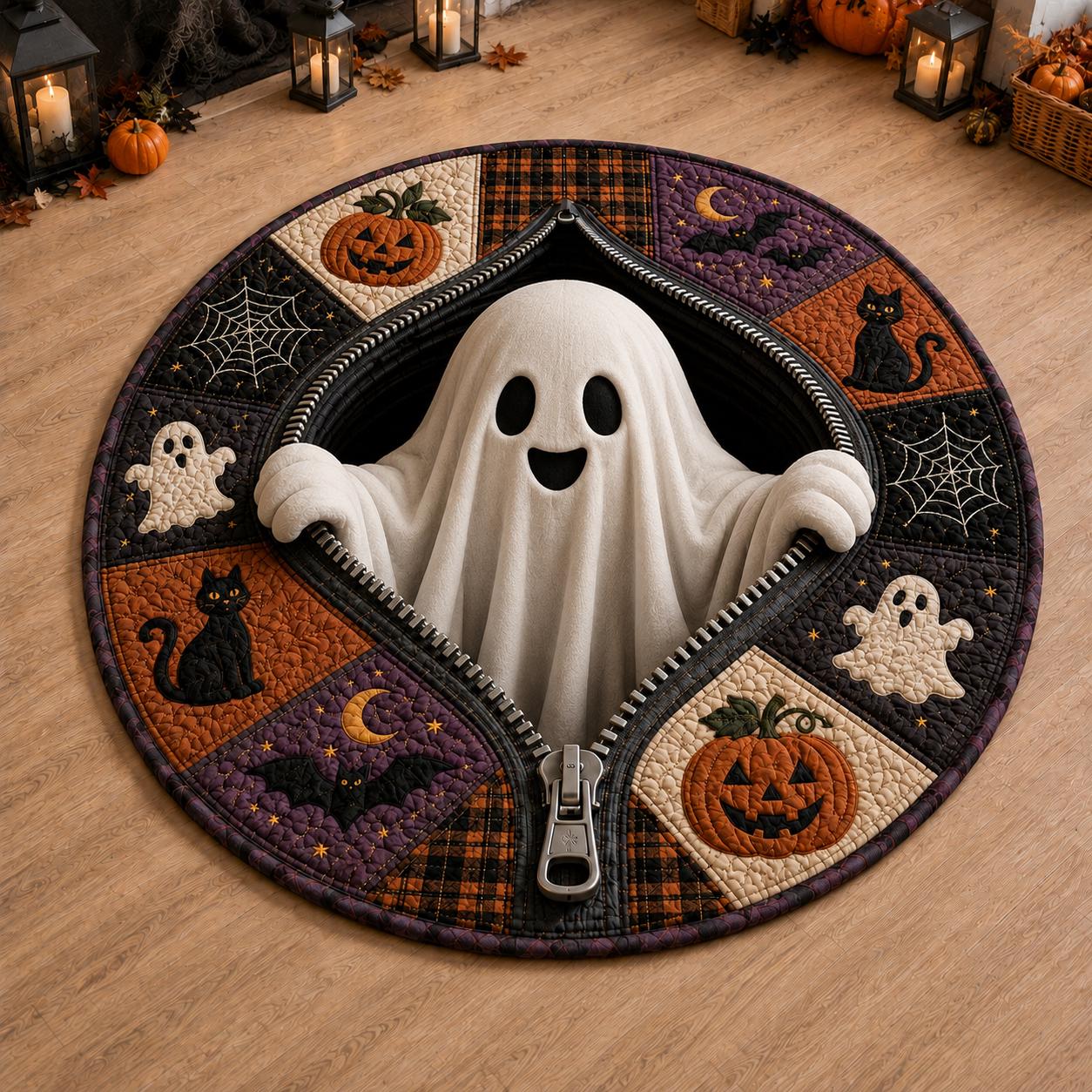 Skeleton Zipper Halloween Round Rug with Pumpkin Black Cat 3D Illusion Quilted Skull Floor Mat and Spooky Ghost Gothic Decor - photo 5