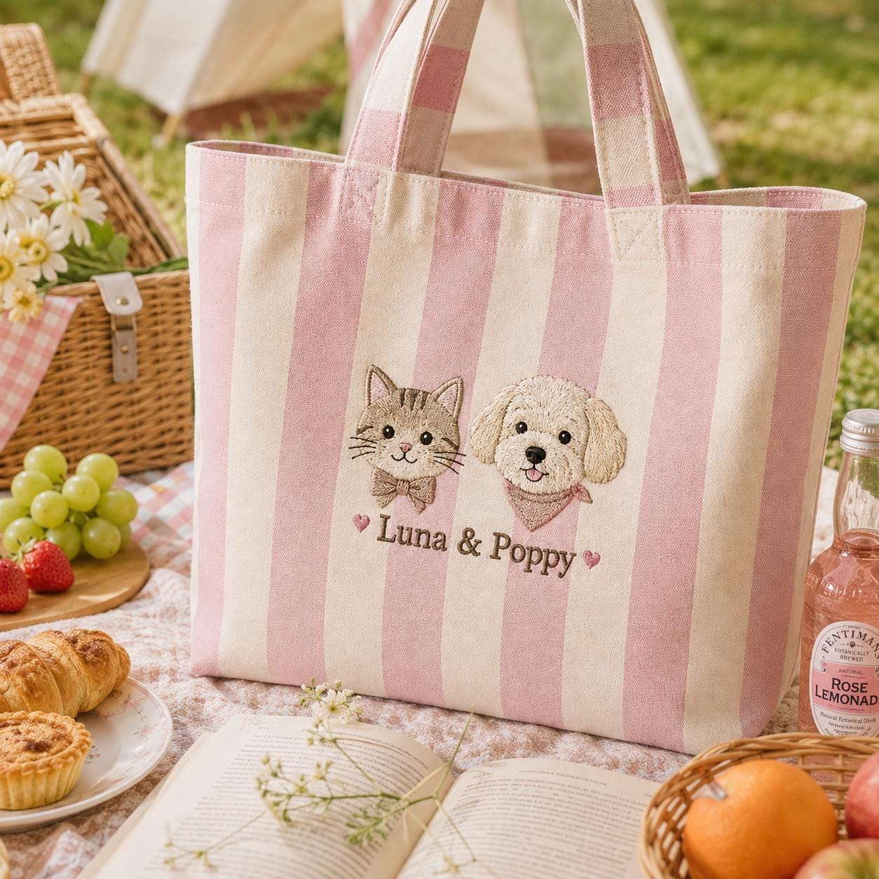 Personalized Embroidery Pet Tote Bag with Custom Dog Cat Name Portrait Canvas Bag for Animal Lover Mom Gift