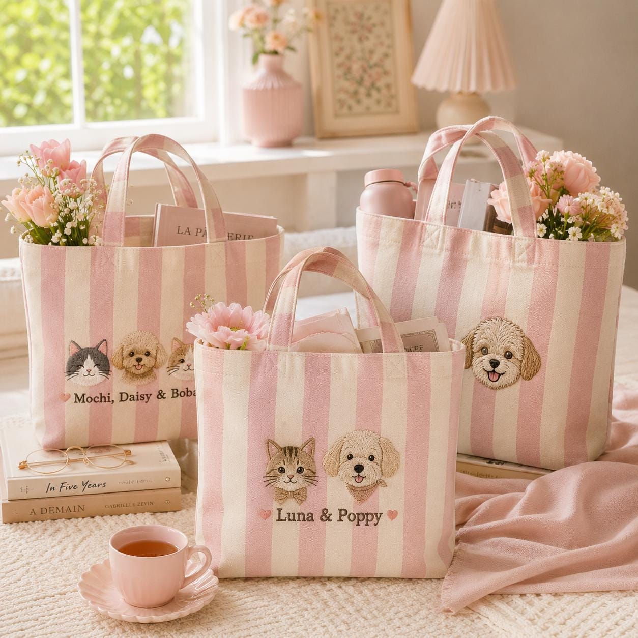 Personalized Embroidery Pet Tote Bag with Custom Dog Cat Name Portrait Canvas Bag for Animal Lover Mom Gift - photo 2