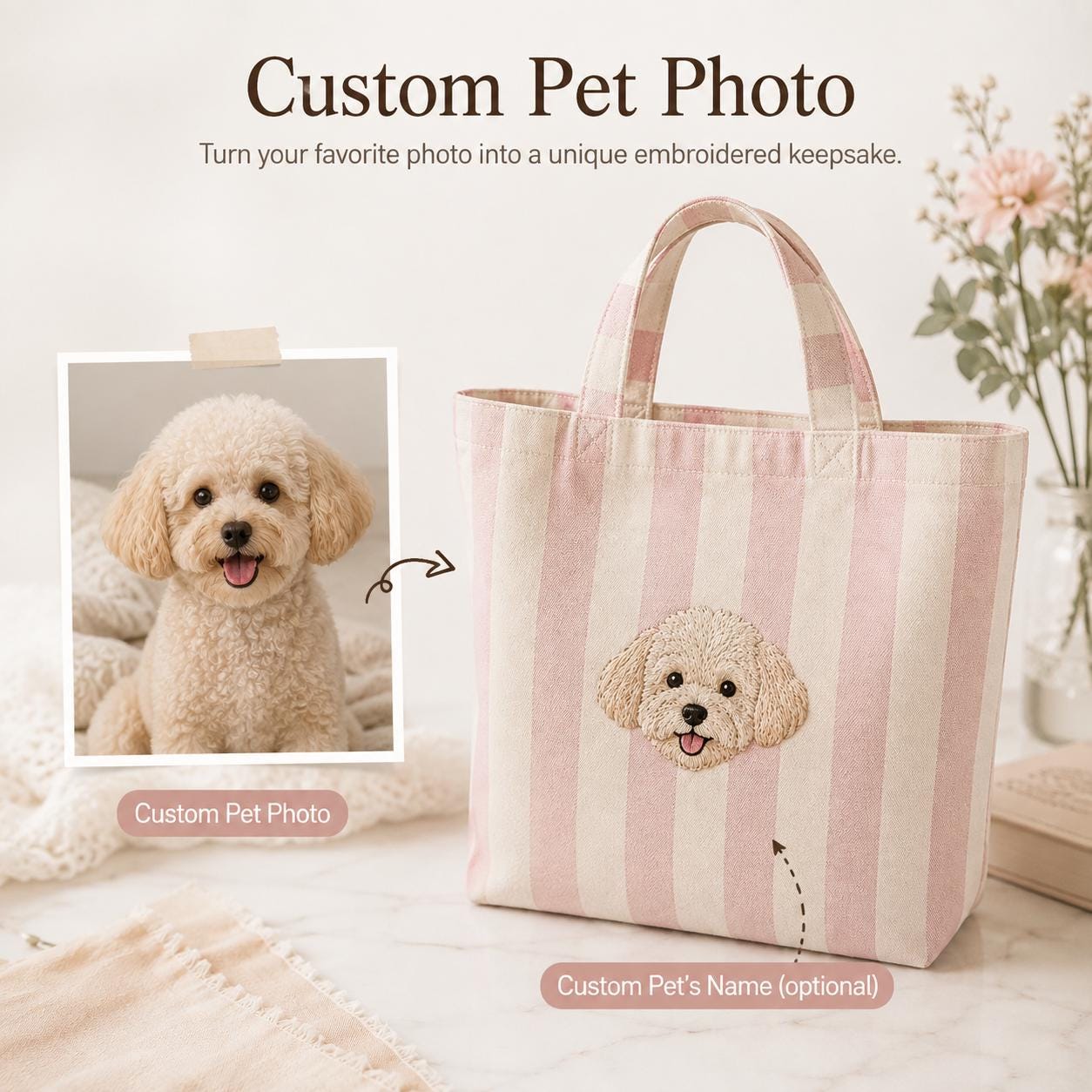 Personalized Embroidery Pet Tote Bag with Custom Dog Cat Name Portrait Canvas Bag for Animal Lover Mom Gift - photo 6