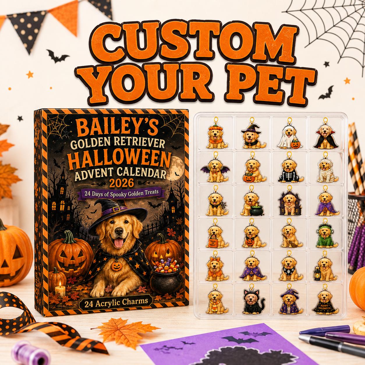 24 Days Golden Retriever Halloween Advent Calendar 2026 – Custom Pet Blind Box Charm Set with Personalized Acrylic Dog Charms, Spooky Pet Gift