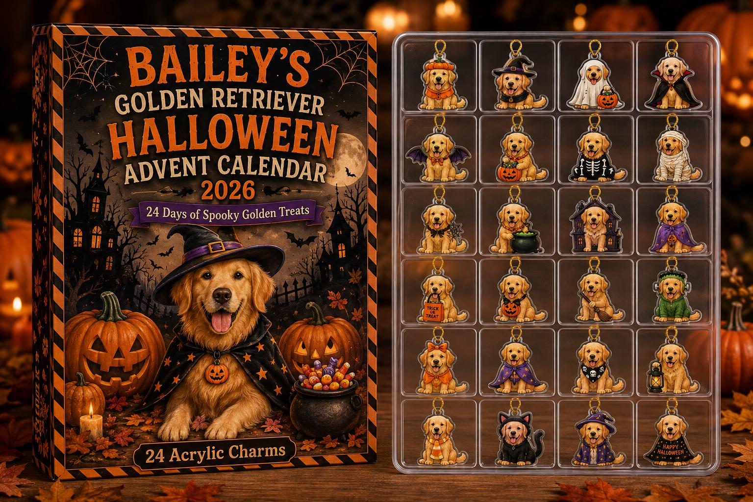 24 Days Golden Retriever Halloween Advent Calendar 2026 – Custom Pet Blind Box Charm Set with Personalized Acrylic Dog Charms, Spooky Pet Gift - photo 4