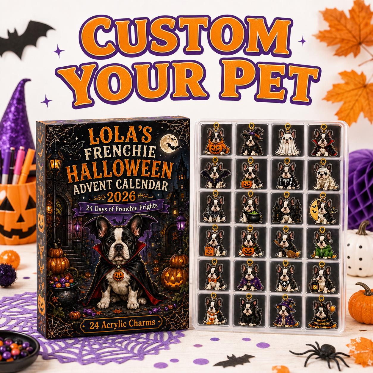 24 Days French Bulldog Halloween Advent Calendar 2026 – Custom Pet Blind Box Charm Set with Personalized Acrylic Frenchie Charms, Spooky Dog Gift