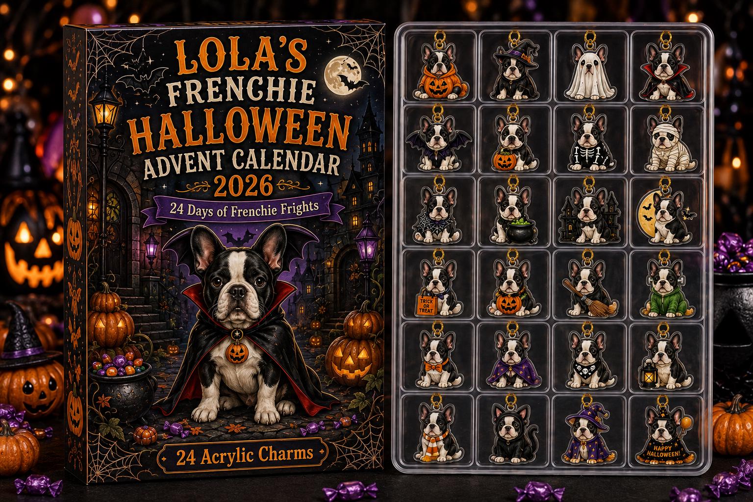 24 Days French Bulldog Halloween Advent Calendar 2026 – Custom Pet Blind Box Charm Set with Personalized Acrylic Frenchie Charms, Spooky Dog Gift - photo 4