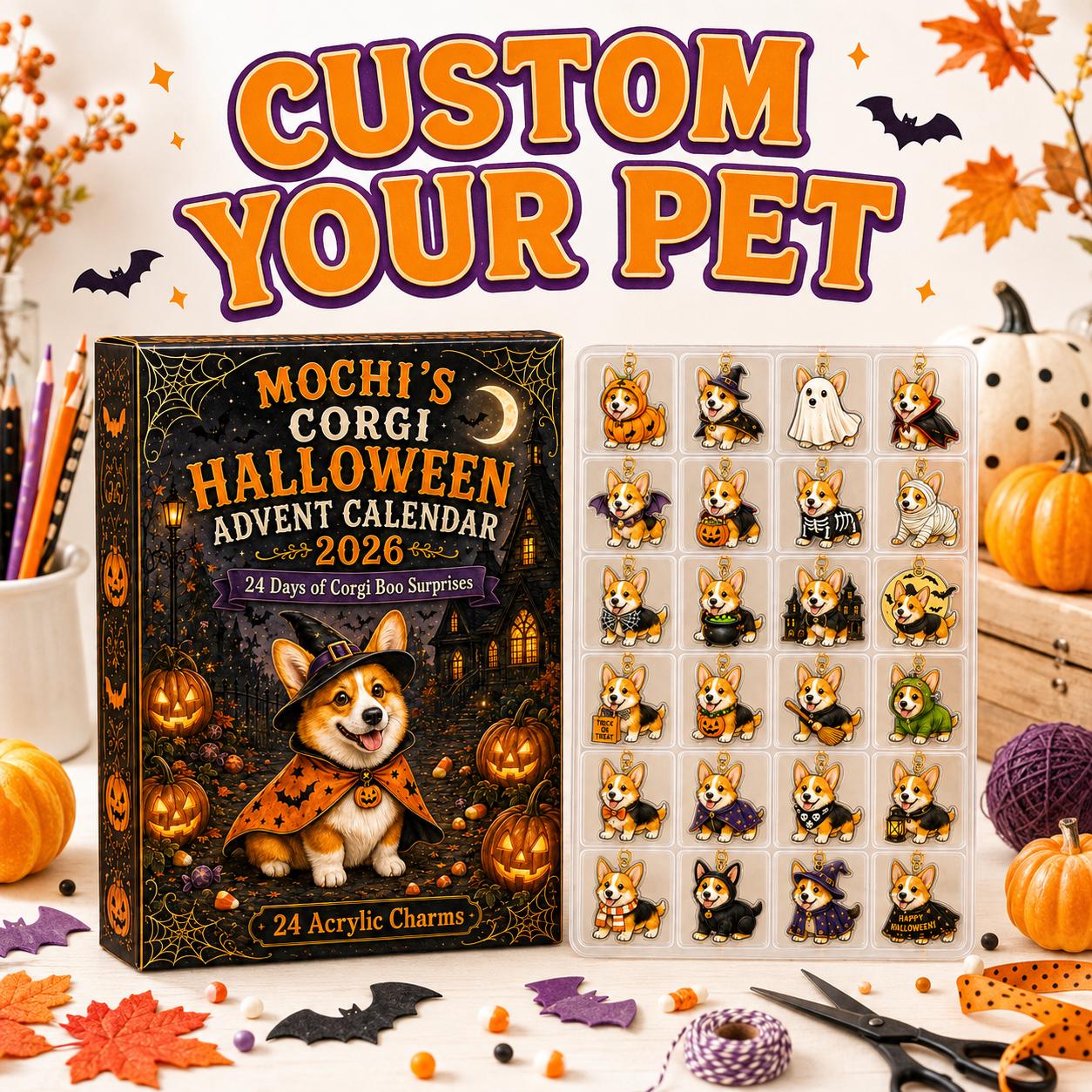 24 Days Corgi Halloween Advent Calendar 2026 – Custom Pet Blind Box Charm Set with Personalized Acrylic Corgi Charms, Spooky Dog Lover Gift
