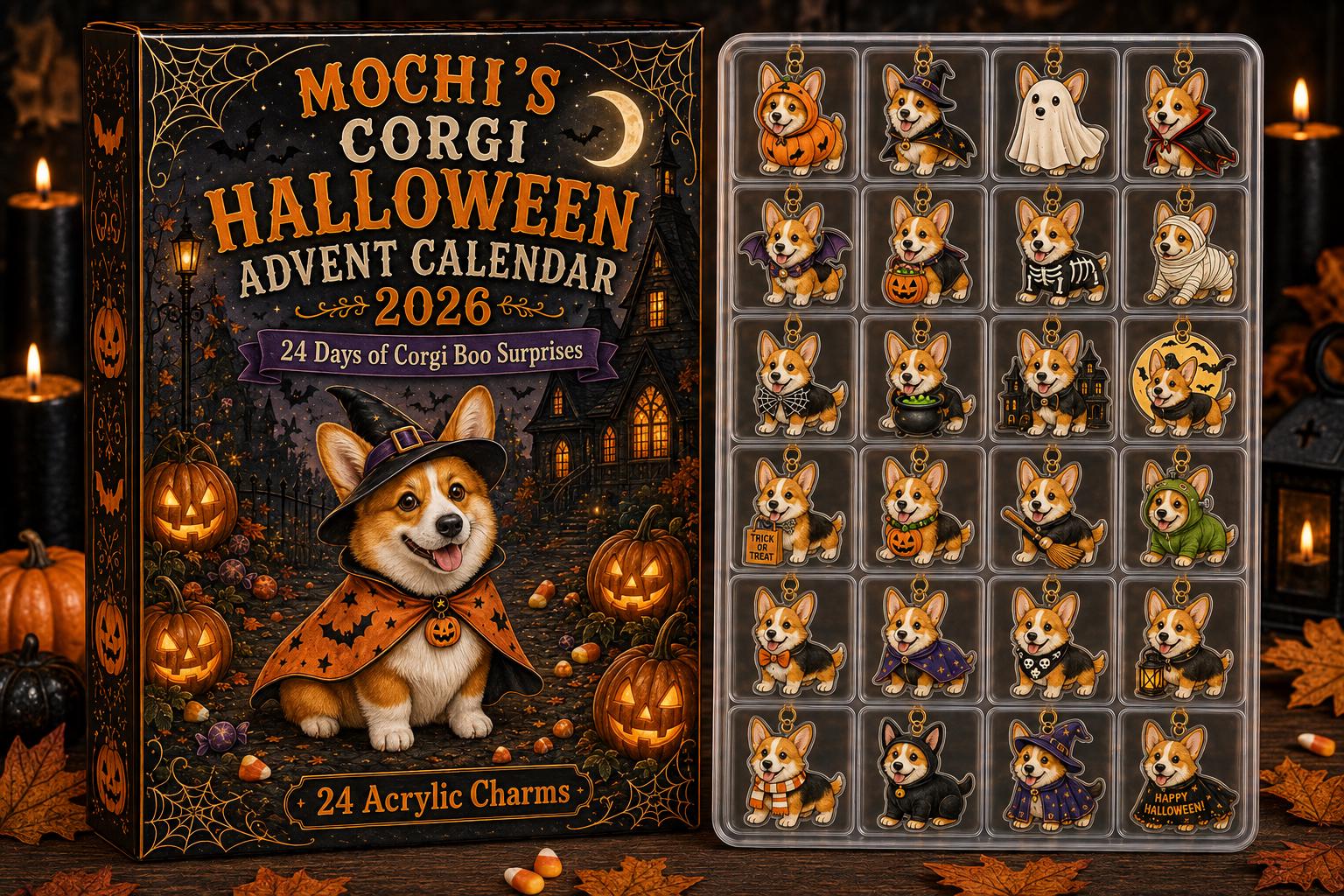 24 Days Corgi Halloween Advent Calendar 2026 – Custom Pet Blind Box Charm Set with Personalized Acrylic Corgi Charms, Spooky Dog Lover Gift - photo 4