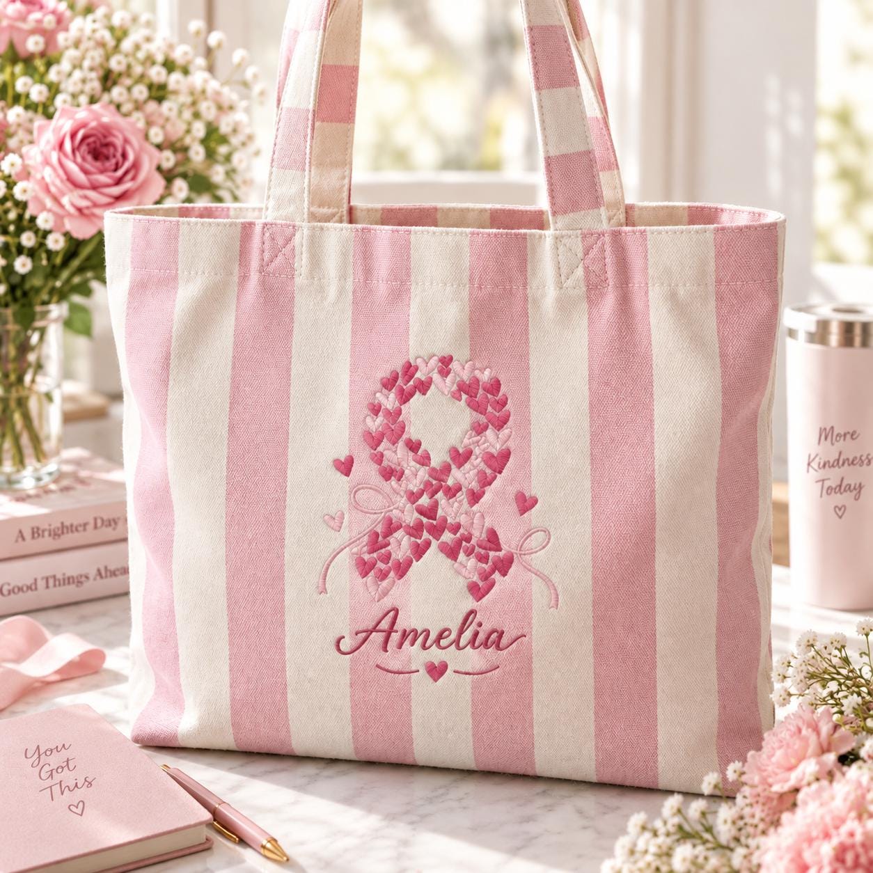 Personalized Embroidery Pink Ribbon Tote Bag with Custom Name Breast Cancer Awareness Bag, Support Survivor Gift, and Hope Ribbon Gift