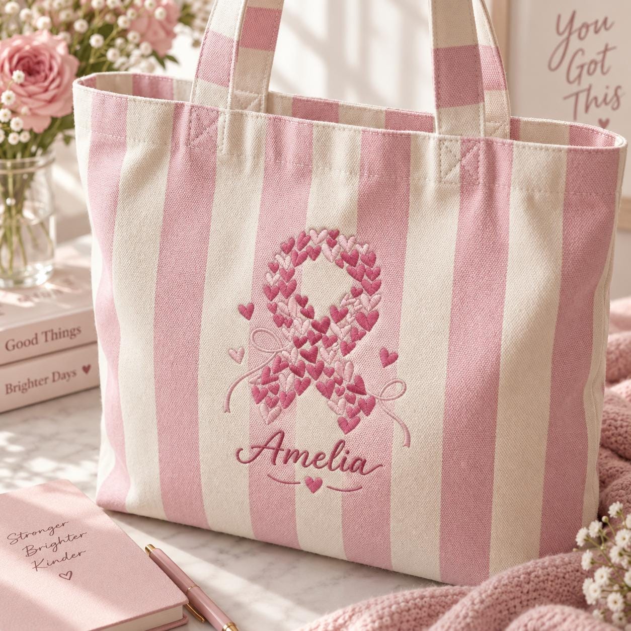 Personalized Embroidery Pink Ribbon Tote Bag with Custom Name Breast Cancer Awareness Bag, Support Survivor Gift, and Hope Ribbon Gift - photo 2