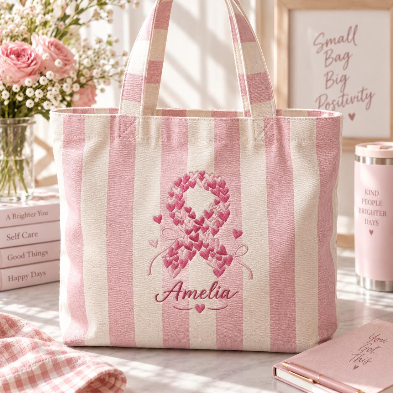 Personalized Embroidery Pink Ribbon Tote Bag with Custom Name Breast Cancer Awareness Bag, Support Survivor Gift, and Hope Ribbon Gift - photo 7