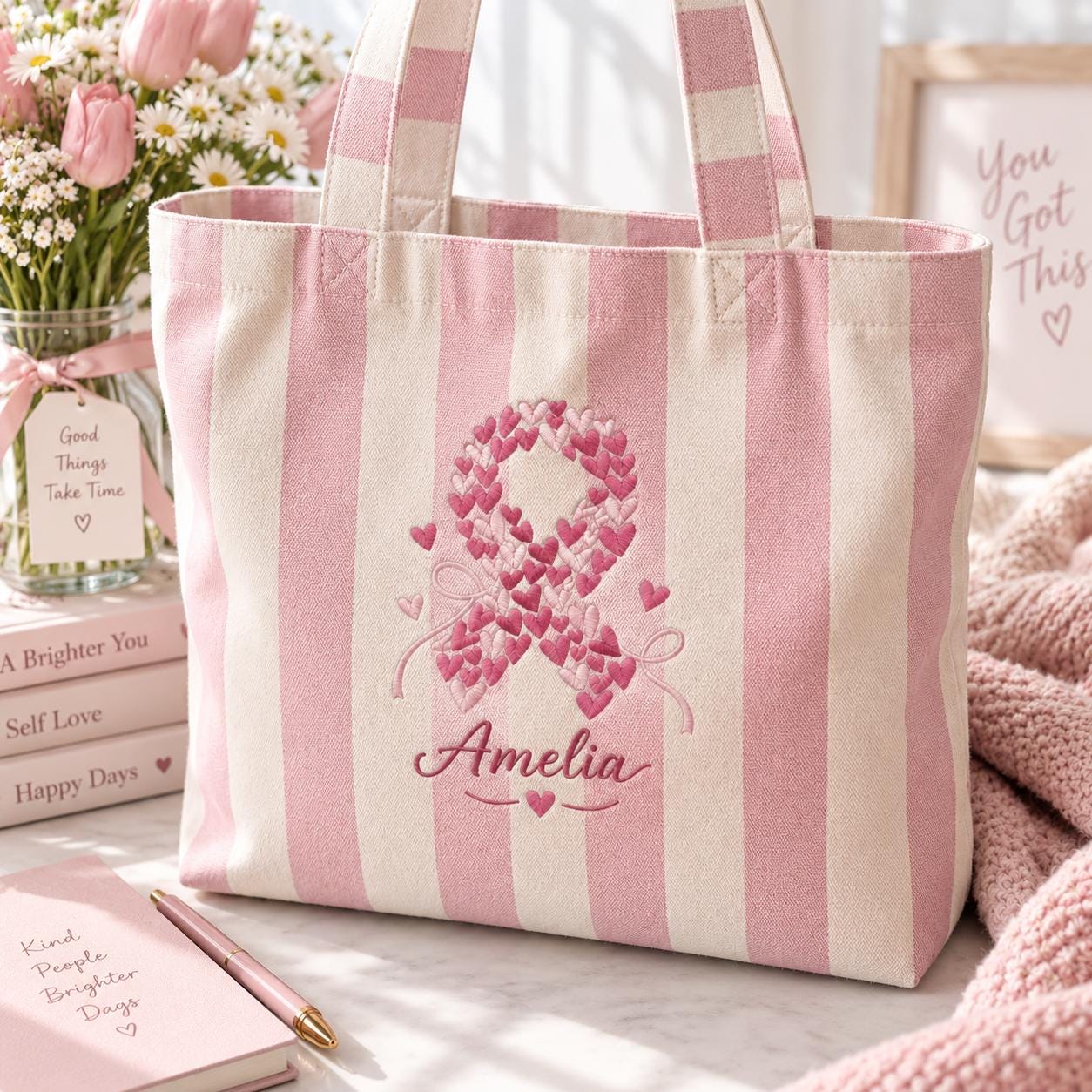 Personalized Embroidery Pink Ribbon Tote Bag with Custom Name Breast Cancer Awareness Bag, Support Survivor Gift, and Hope Ribbon Gift - photo 8