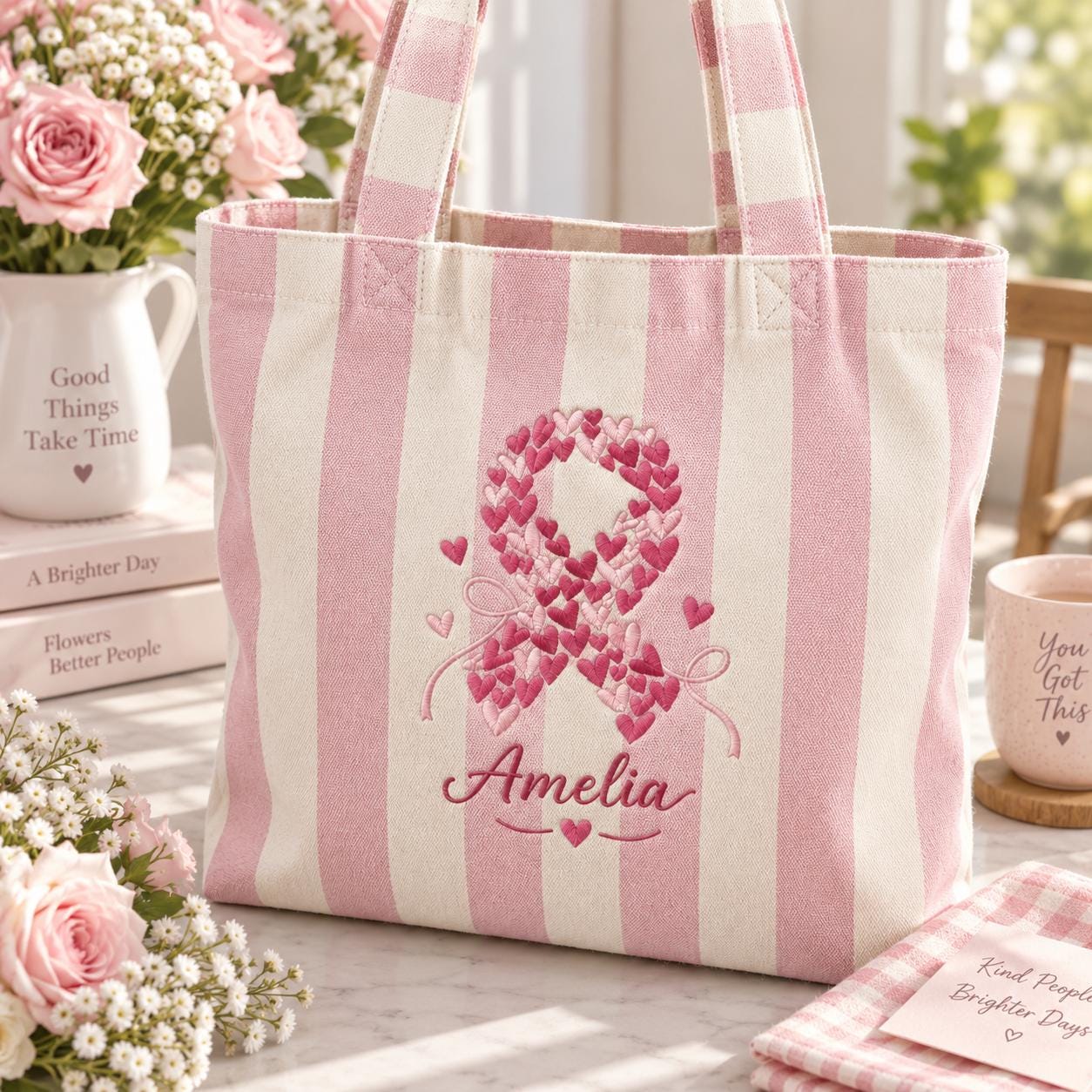 Personalized Embroidery Pink Ribbon Tote Bag with Custom Name Breast Cancer Awareness Bag, Support Survivor Gift, and Hope Ribbon Gift - photo 10