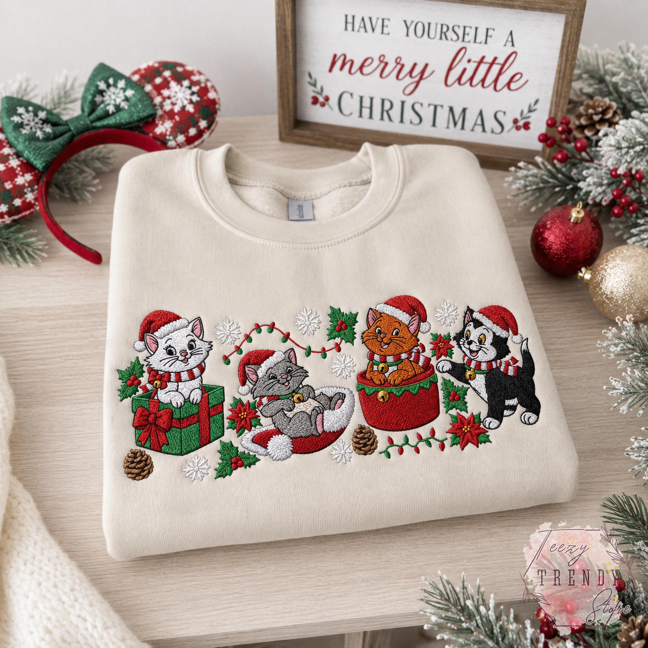 Embroidered Disney Christmas Cats Sweatshirt with Marie Toulouse Berlioz and Figaro – Aristocats Holiday Sweater Cozy Winter Season Shirt