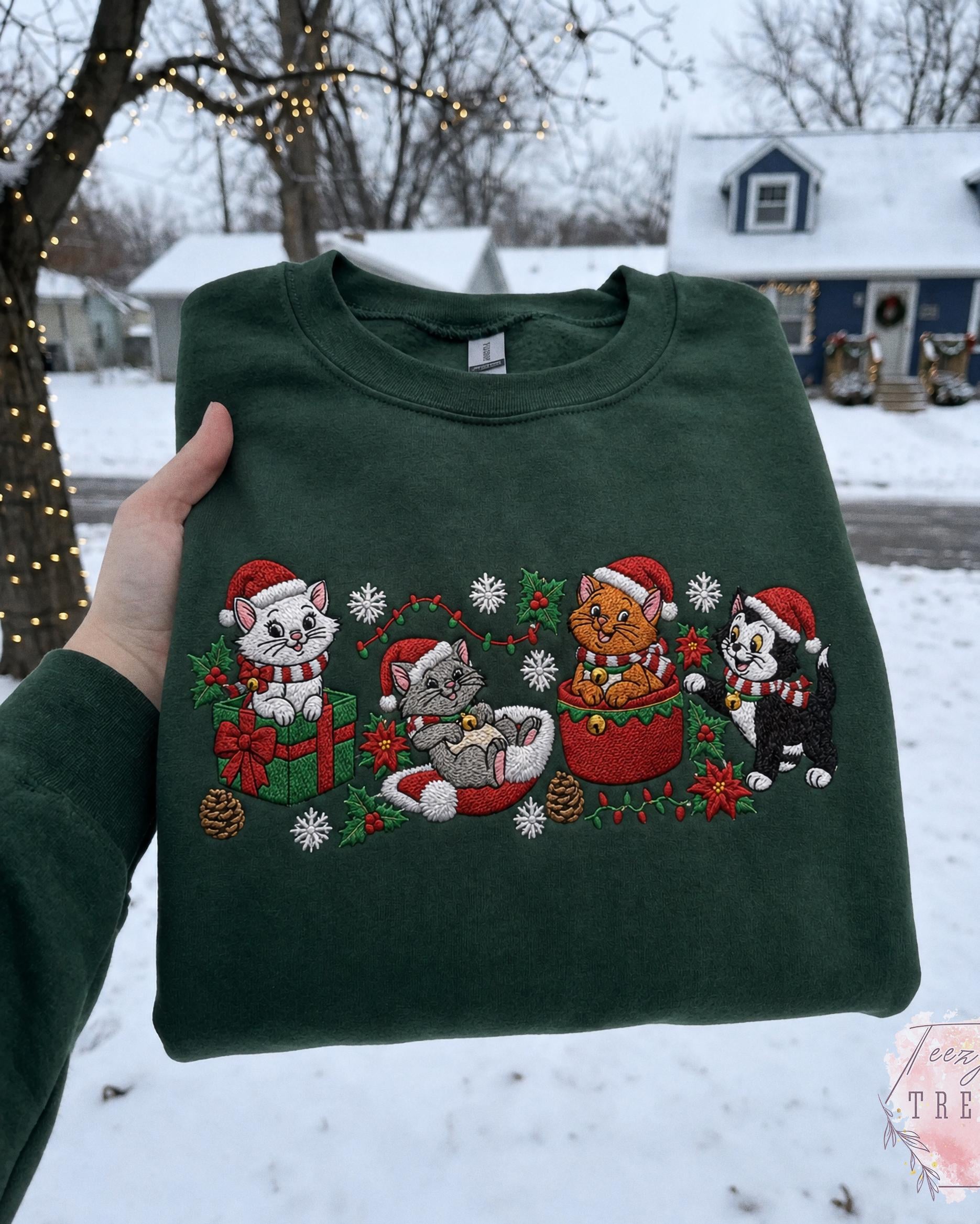 Embroidered Disney Christmas Cats Sweatshirt with Marie Toulouse Berlioz and Figaro – Aristocats Holiday Sweater Cozy Winter Season Shirt - photo 2