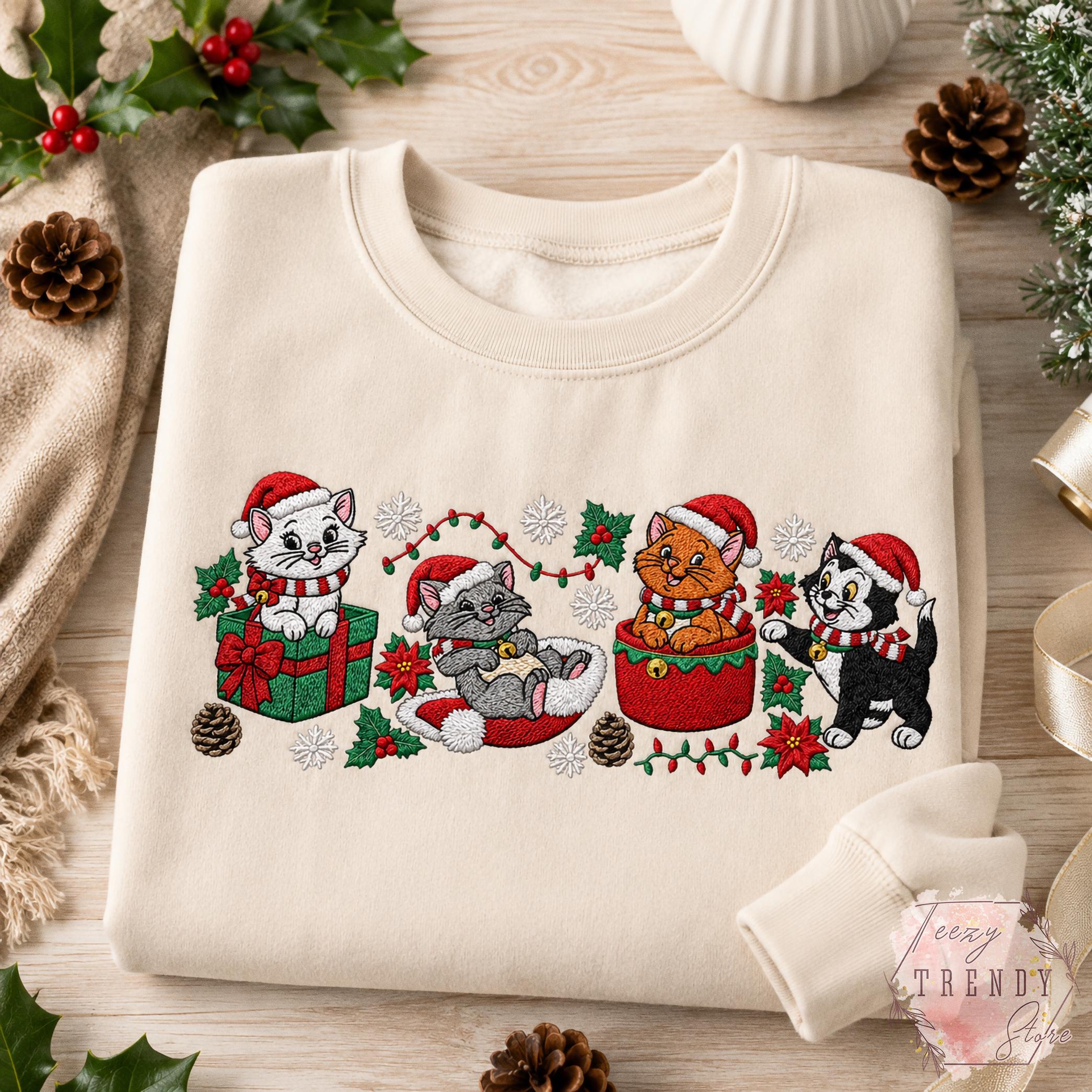 Embroidered Disney Christmas Cats Sweatshirt with Marie Toulouse Berlioz and Figaro – Aristocats Holiday Sweater Cozy Winter Season Shirt - photo 3