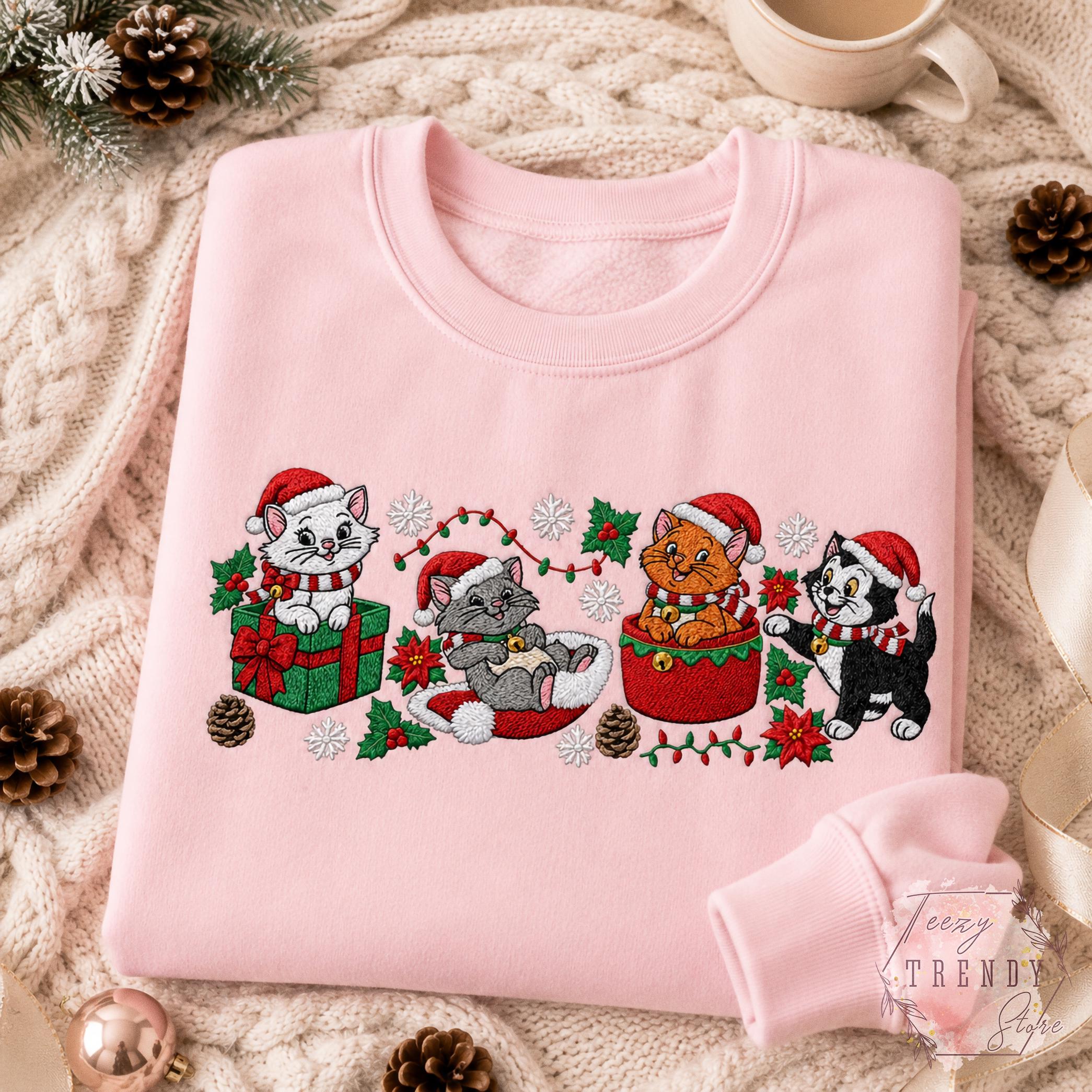 Embroidered Disney Christmas Cats Sweatshirt with Marie Toulouse Berlioz and Figaro – Aristocats Holiday Sweater Cozy Winter Season Shirt - photo 4