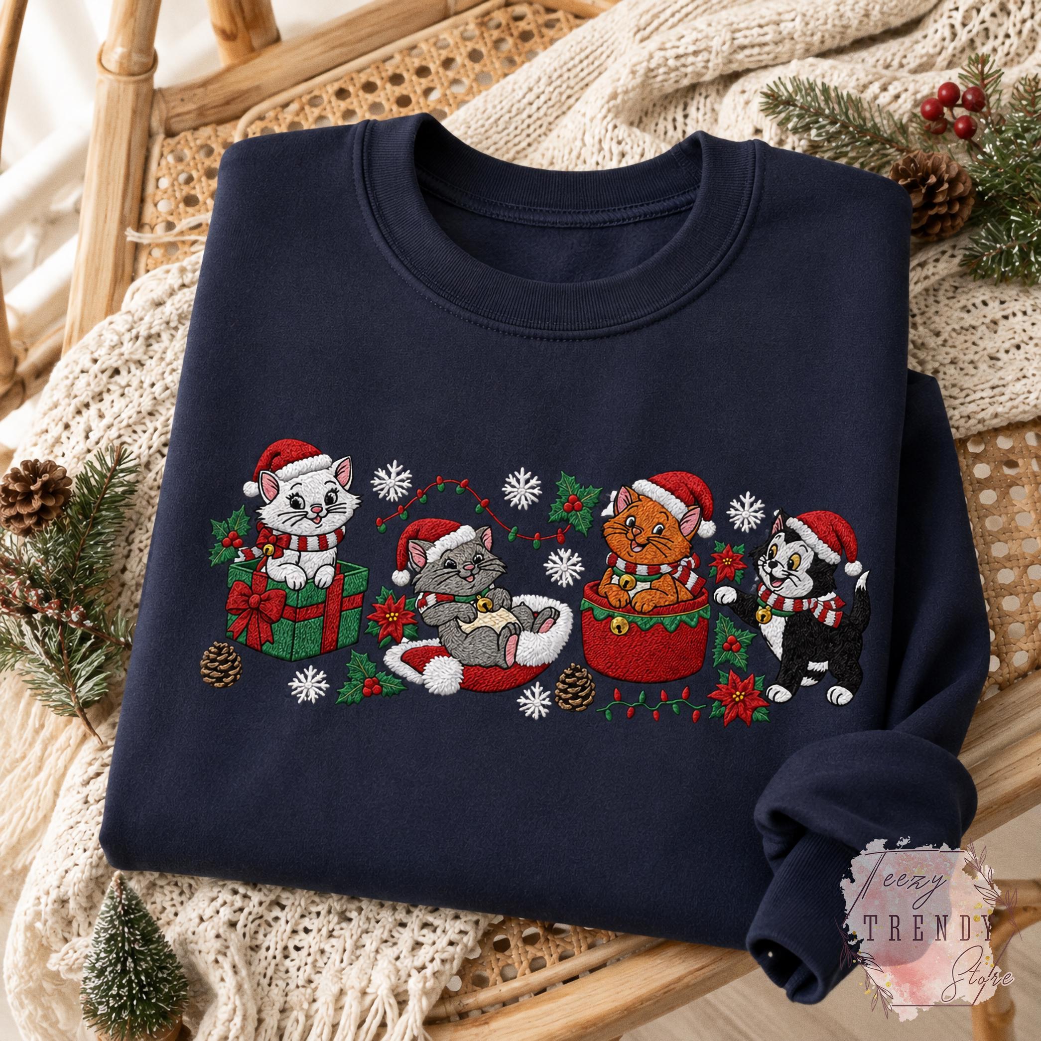 Embroidered Disney Christmas Cats Sweatshirt with Marie Toulouse Berlioz and Figaro – Aristocats Holiday Sweater Cozy Winter Season Shirt - photo 5