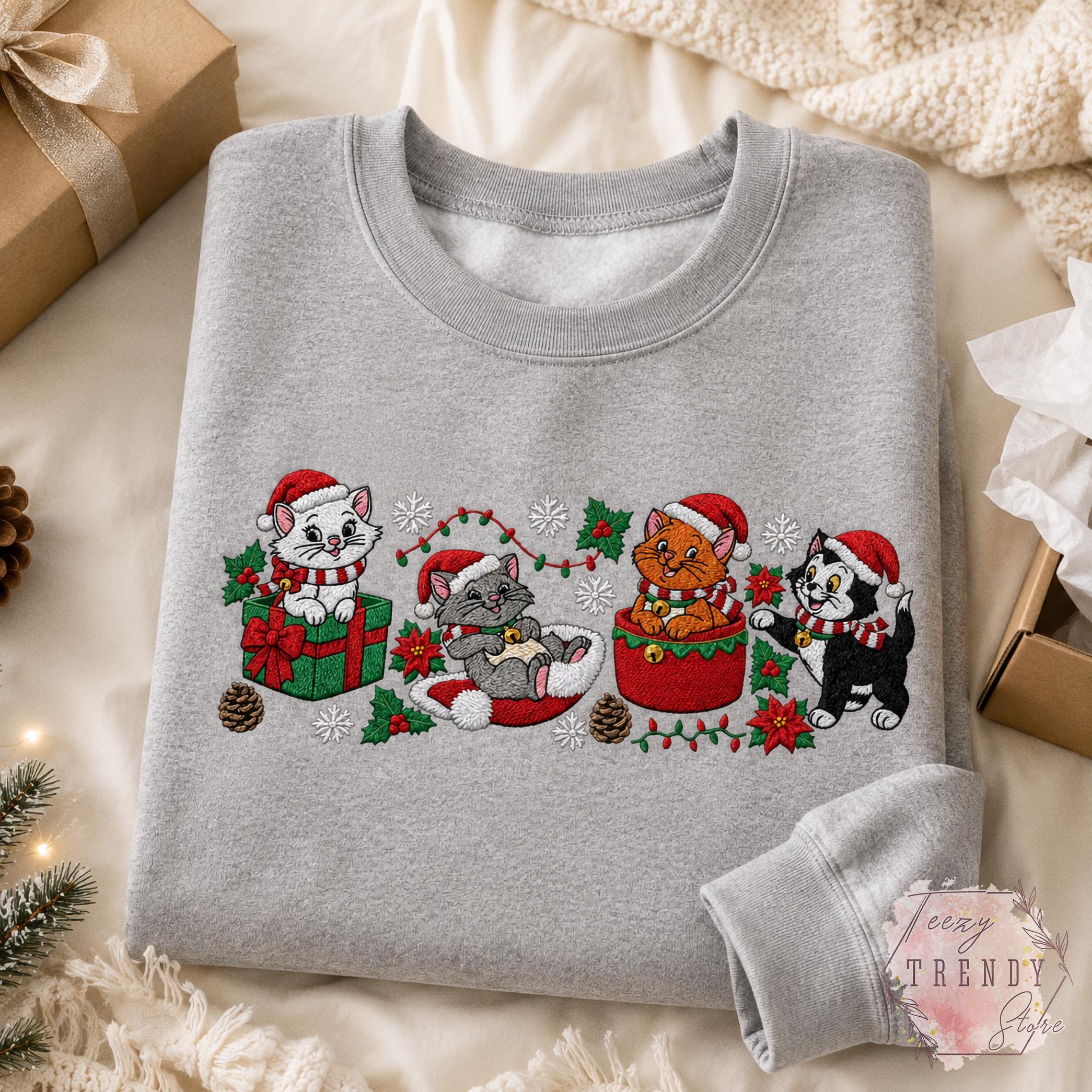 Embroidered Disney Christmas Cats Sweatshirt with Marie Toulouse Berlioz and Figaro – Aristocats Holiday Sweater Cozy Winter Season Shirt - photo 6