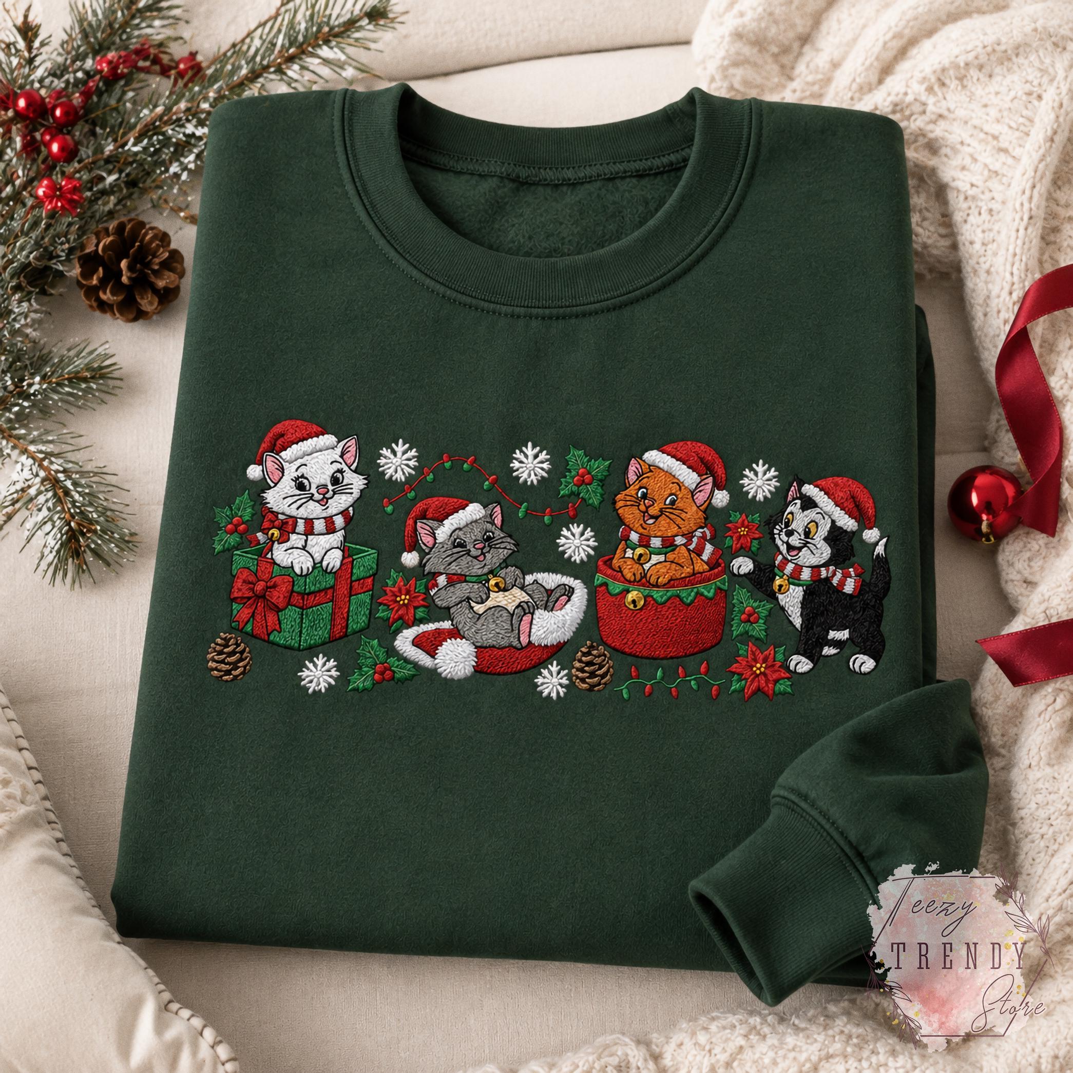 Embroidered Disney Christmas Cats Sweatshirt with Marie Toulouse Berlioz and Figaro – Aristocats Holiday Sweater Cozy Winter Season Shirt - photo 7