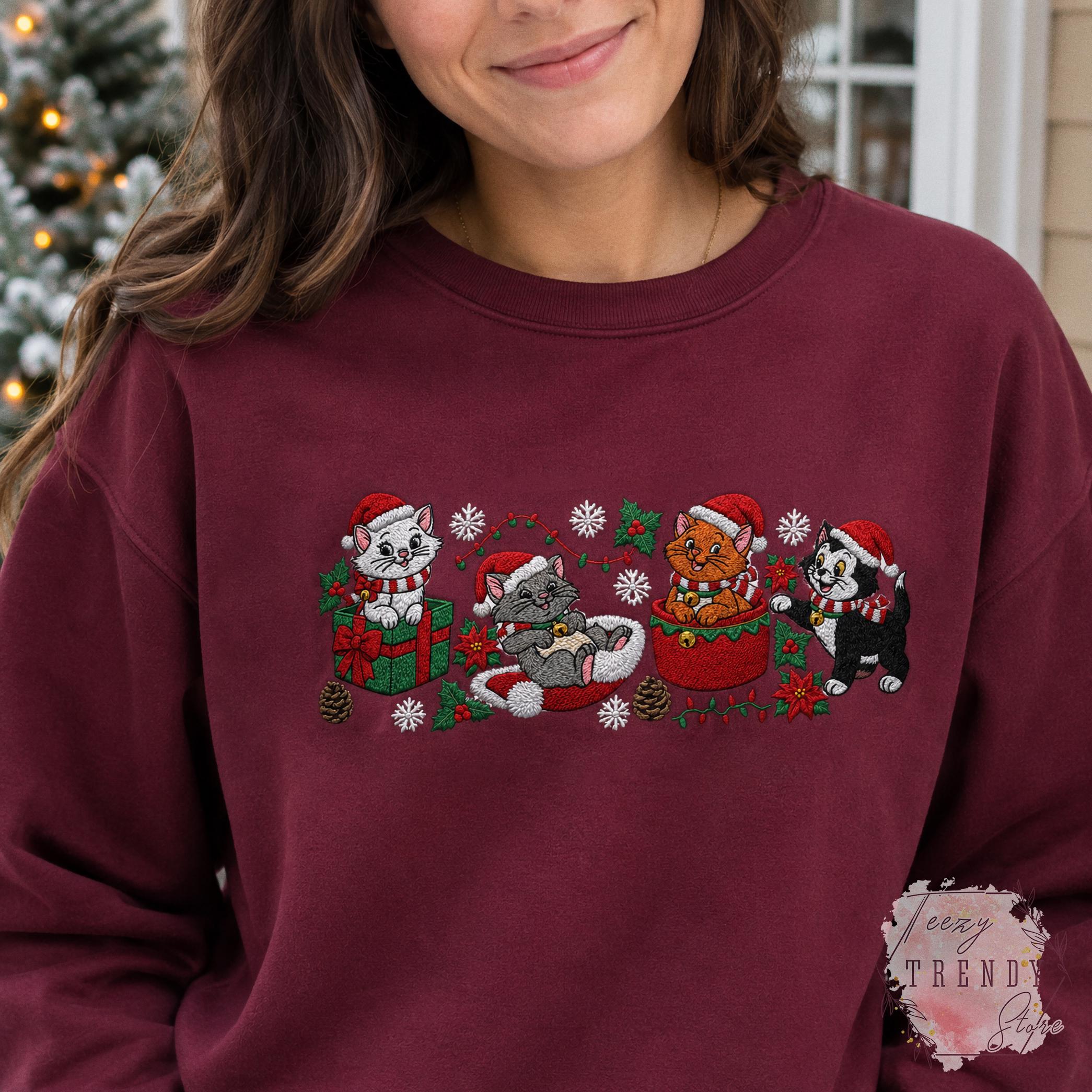Embroidered Disney Christmas Cats Sweatshirt with Marie Toulouse Berlioz and Figaro – Aristocats Holiday Sweater Cozy Winter Season Shirt - photo 8