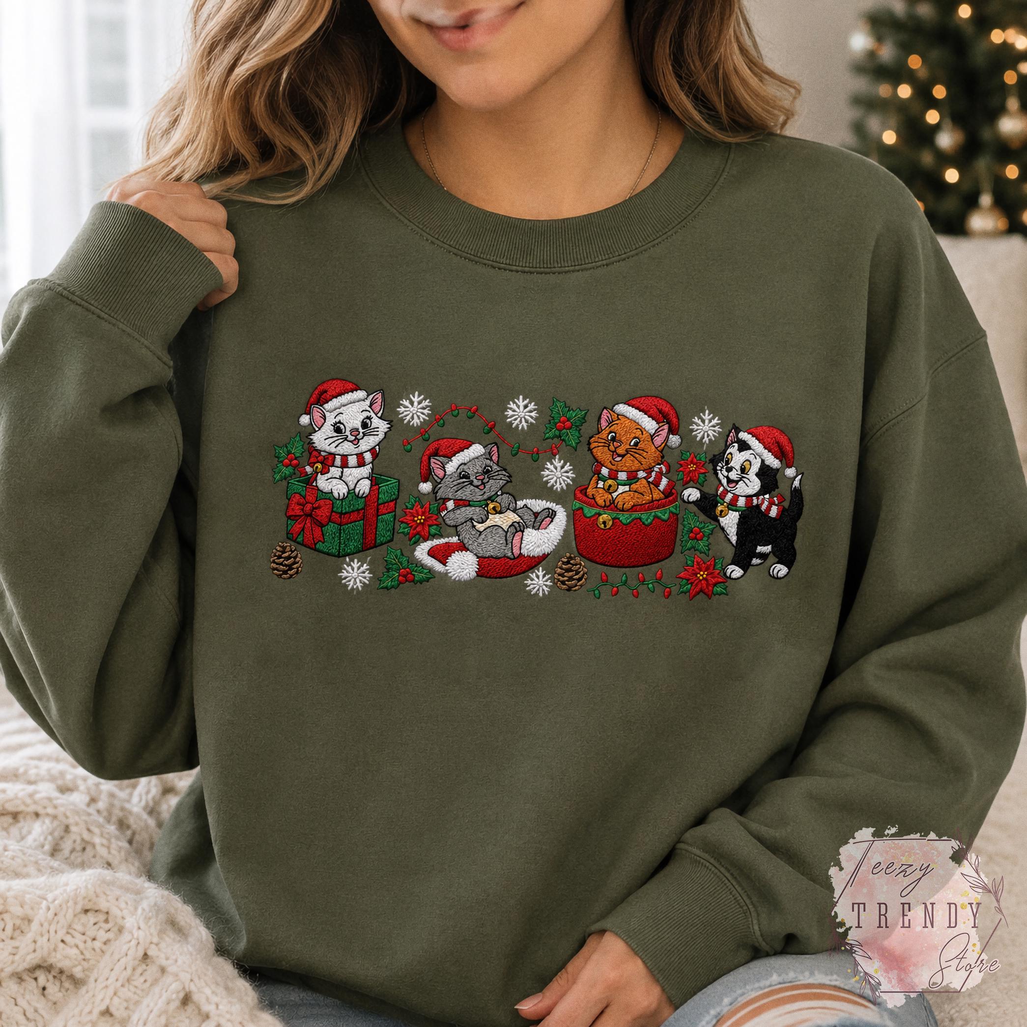 Embroidered Disney Christmas Cats Sweatshirt with Marie Toulouse Berlioz and Figaro – Aristocats Holiday Sweater Cozy Winter Season Shirt - photo 11