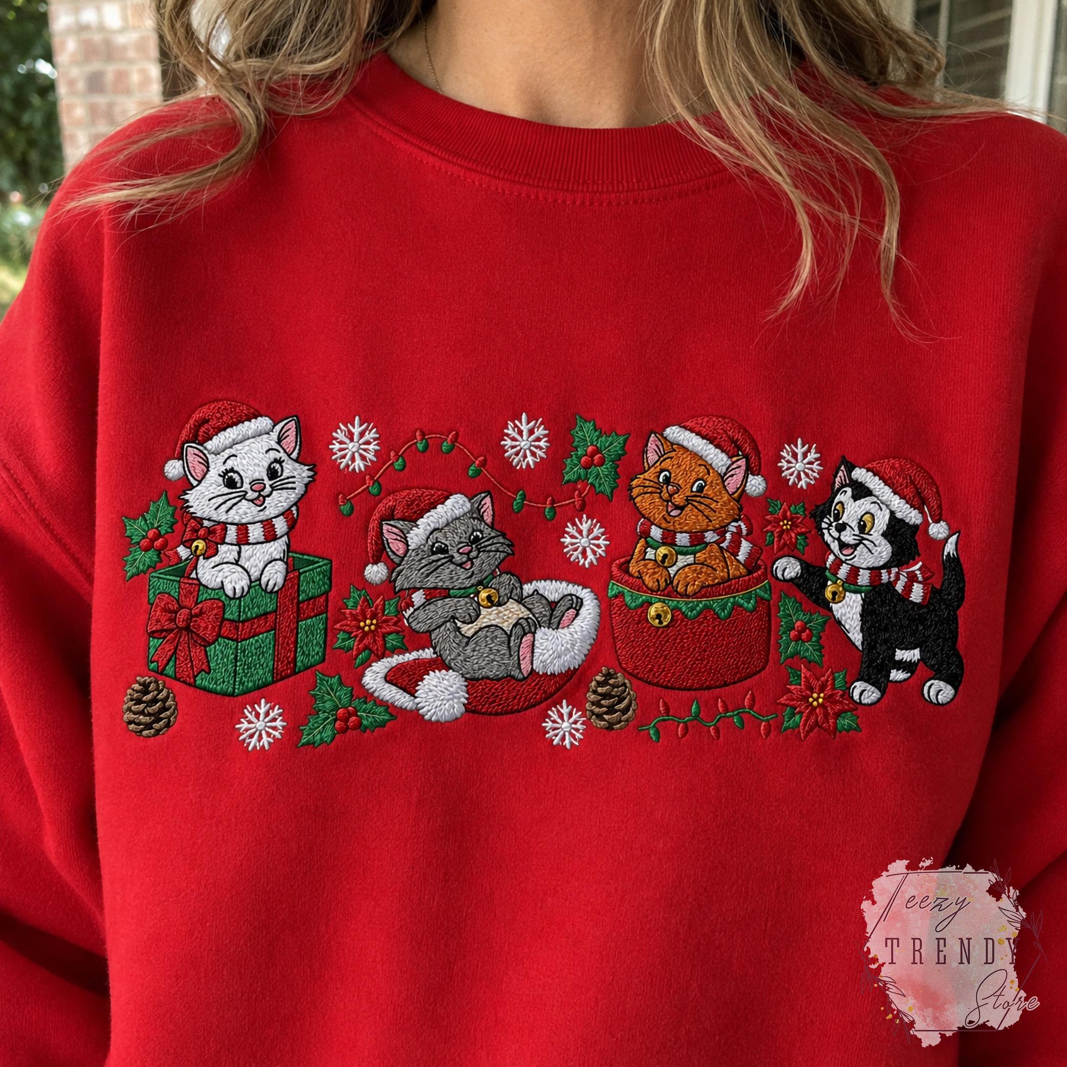 Embroidered Disney Christmas Cats Sweatshirt with Marie Toulouse Berlioz and Figaro – Aristocats Holiday Sweater Cozy Winter Season Shirt - photo 13