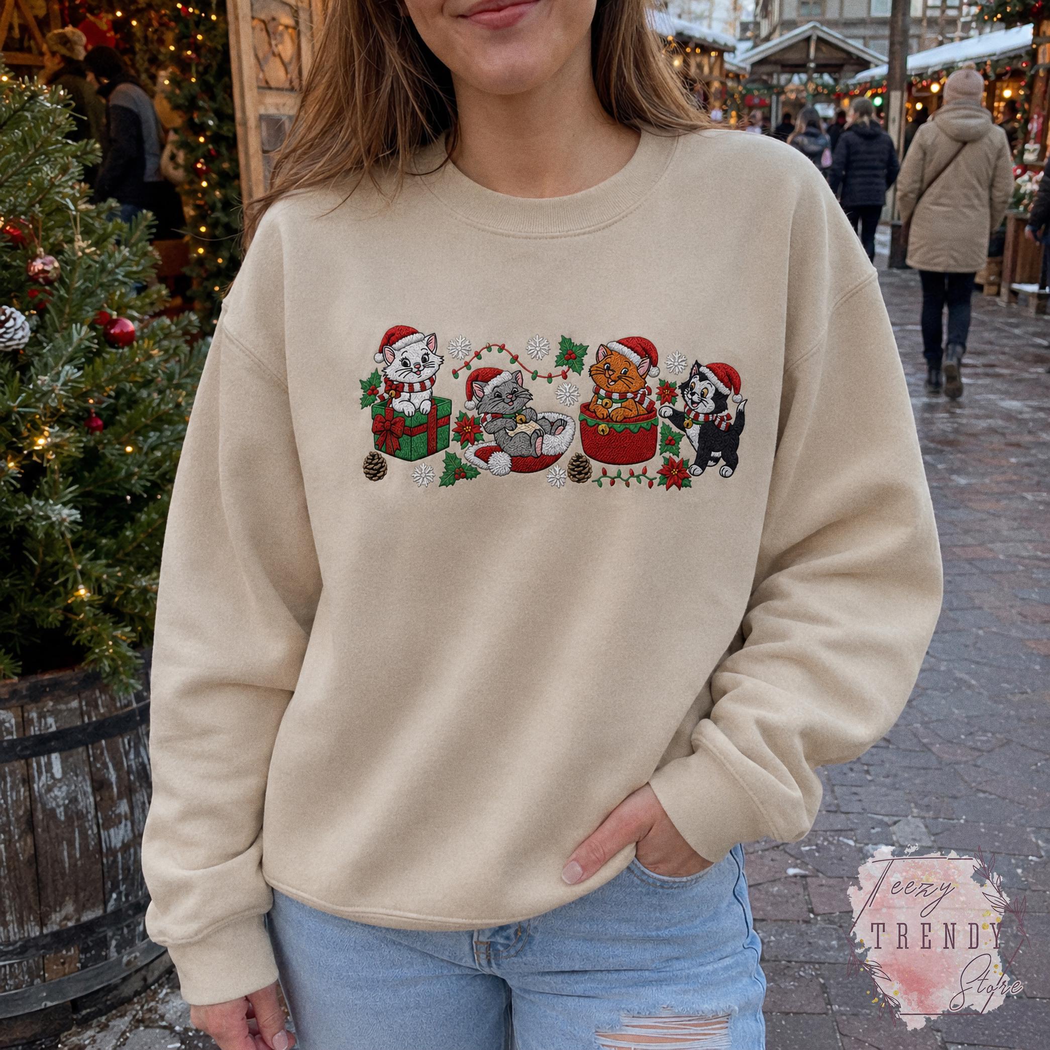 Embroidered Disney Christmas Cats Sweatshirt with Marie Toulouse Berlioz and Figaro – Aristocats Holiday Sweater Cozy Winter Season Shirt - photo 15
