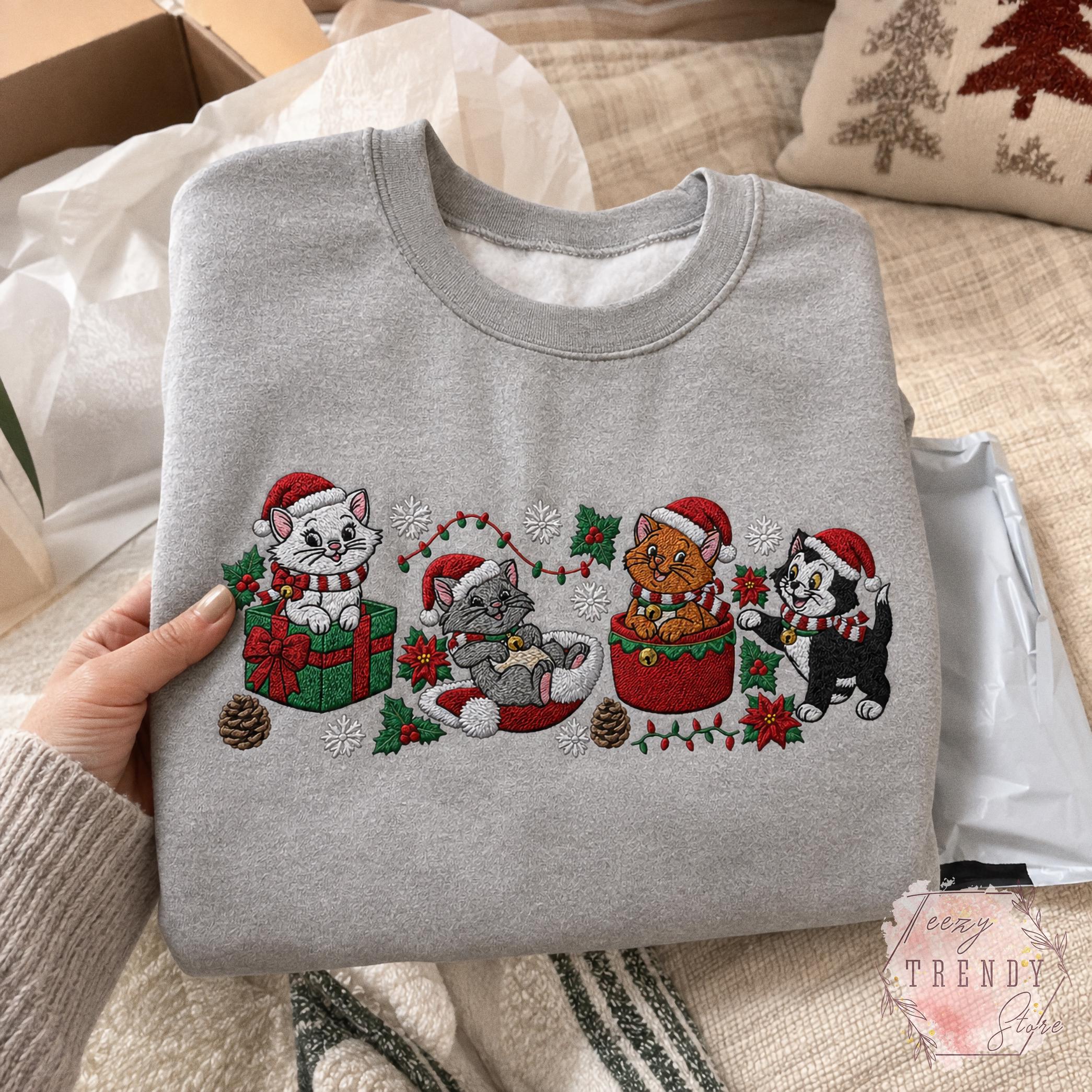 Embroidered Disney Christmas Cats Sweatshirt with Marie Toulouse Berlioz and Figaro – Aristocats Holiday Sweater Cozy Winter Season Shirt - photo 16
