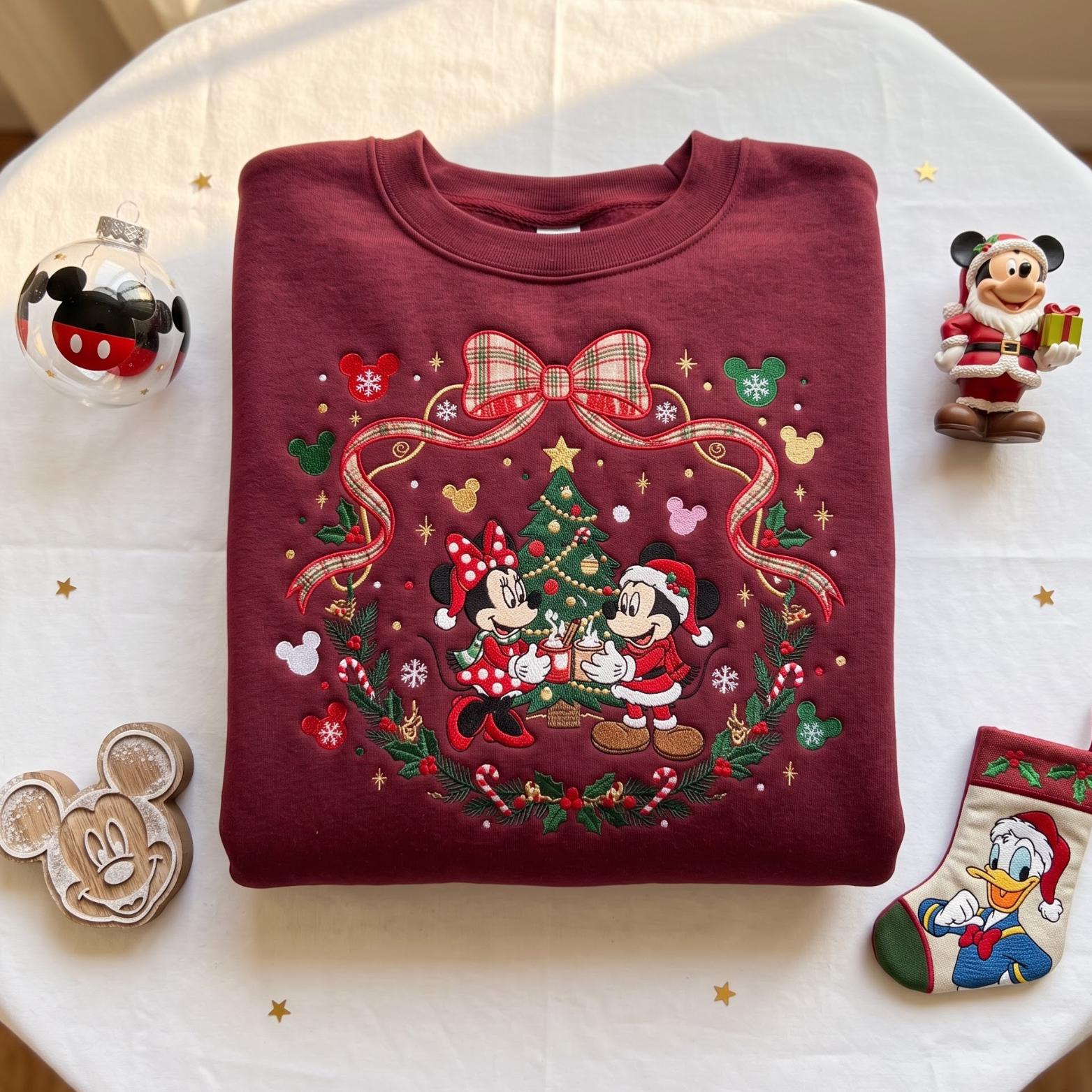 Embroidered Disney Coquette Bow Christmas Sweatshirt Hoodie with Cartoon Ribbon Crewneck – Mickey and Minnie Holiday Trip Shirt - photo 2