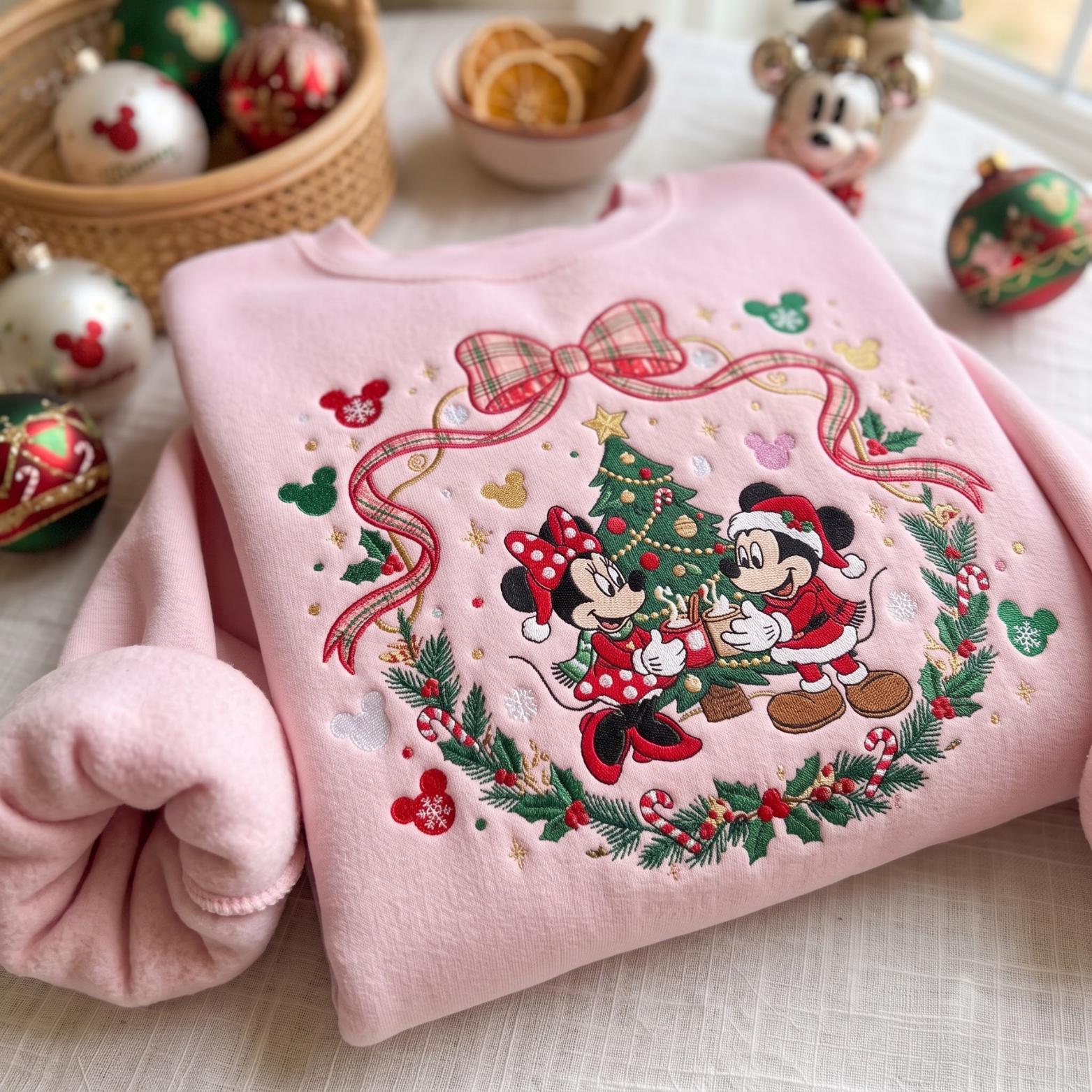 Embroidered Disney Coquette Bow Christmas Sweatshirt Hoodie with Cartoon Ribbon Crewneck – Mickey and Minnie Holiday Trip Shirt - photo 3