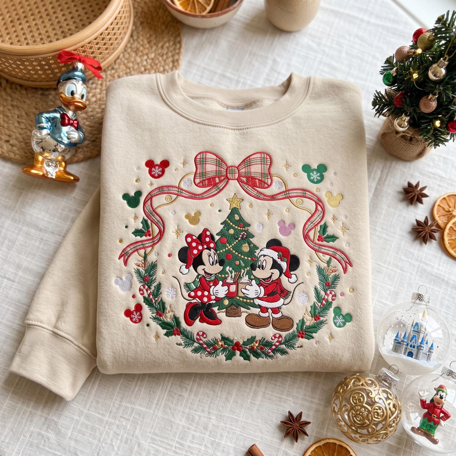 Embroidered Disney Coquette Bow Christmas Sweatshirt Hoodie with Cartoon Ribbon Crewneck – Mickey and Minnie Holiday Trip Shirt - photo 4