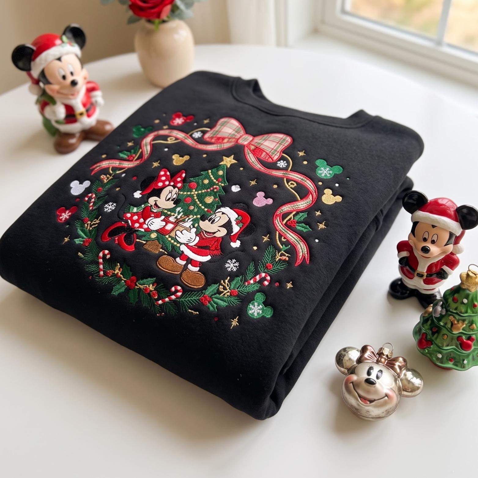 Embroidered Disney Coquette Bow Christmas Sweatshirt Hoodie with Cartoon Ribbon Crewneck – Mickey and Minnie Holiday Trip Shirt - photo 5