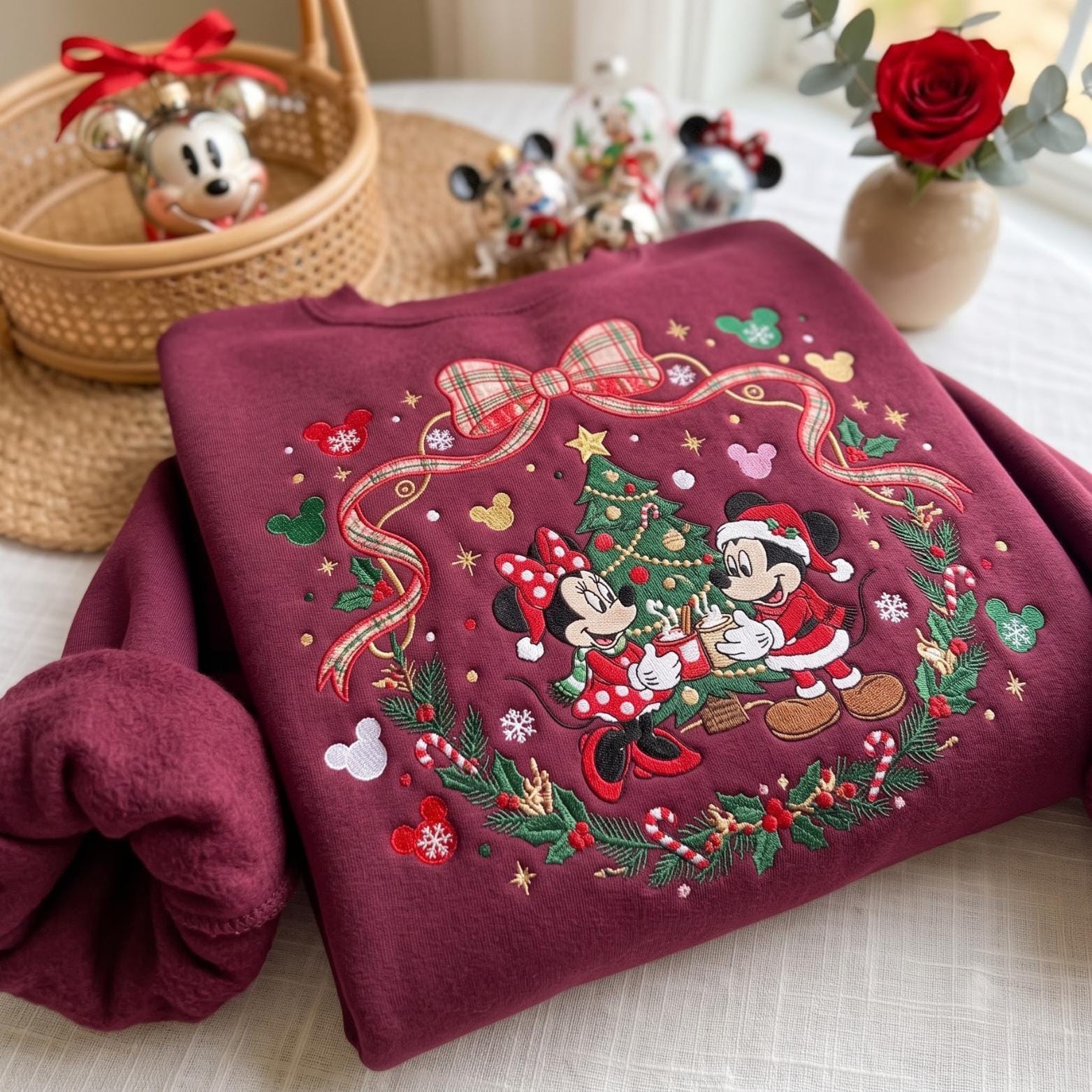 Embroidered Disney Coquette Bow Christmas Sweatshirt Hoodie with Cartoon Ribbon Crewneck – Mickey and Minnie Holiday Trip Shirt - photo 6