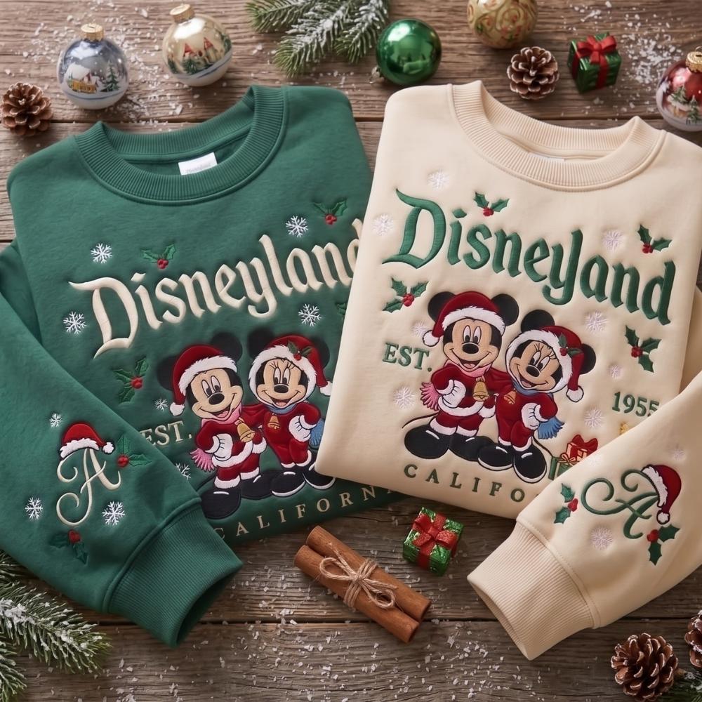 Embroidered Disney Christmas Sweatshirt with Mickey and Minnie Holiday Crewneck – Disneyland Christmas Shirt for Family Vacation Gift