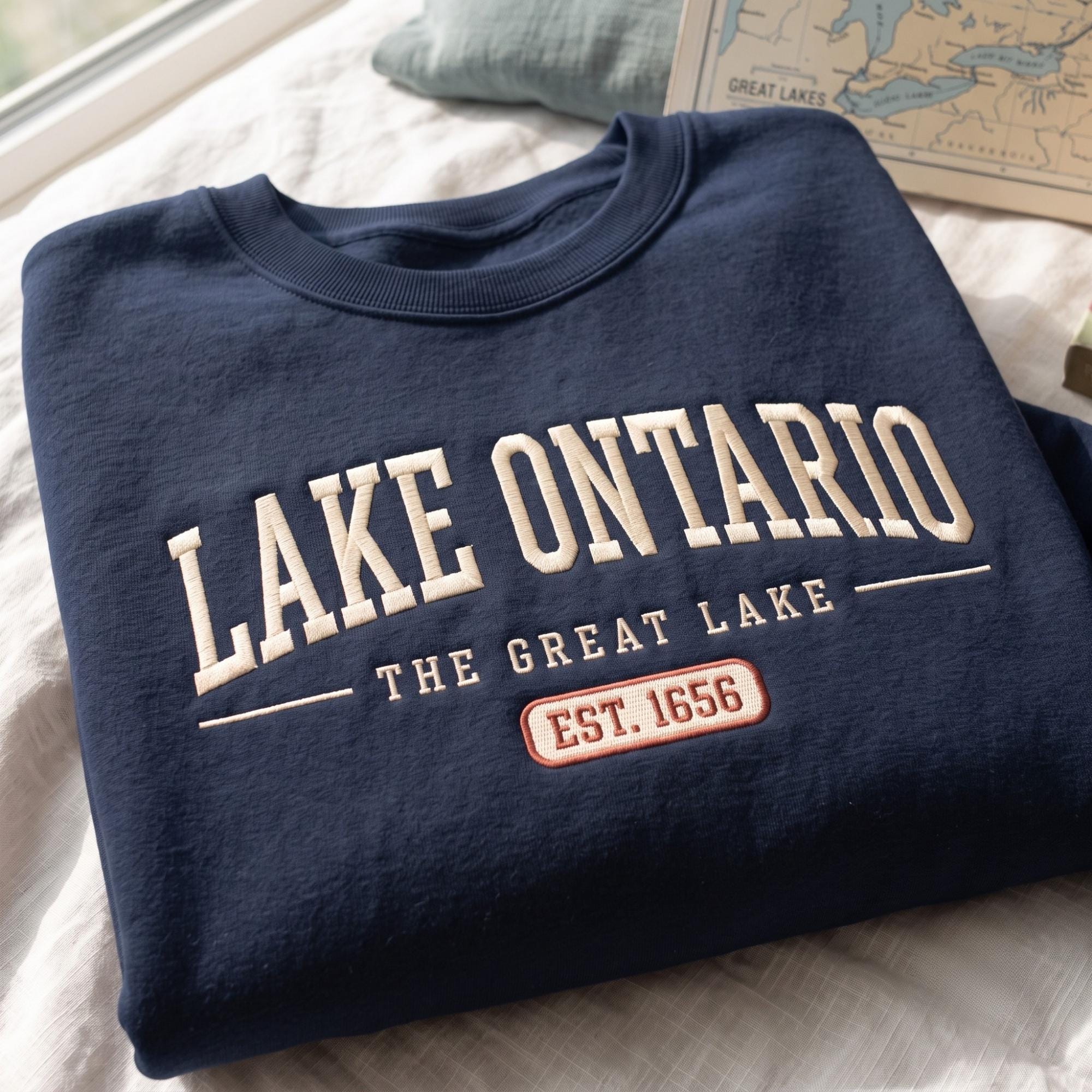 Embroidery Lake Ontario Est 1660 Sweatshirt with Funny Canada Design and Great Lakes Hoodie