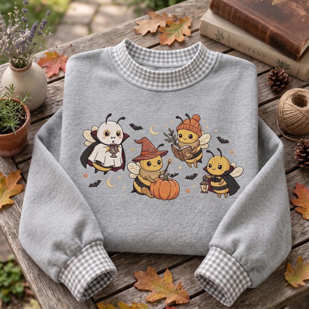 Bee Halloween Embroidered Sweatshirt with Witch Ghost Vampire Bumblebee Crewneck, Cute Spooky Fall Sweater, Bee Lover Halloween Gift