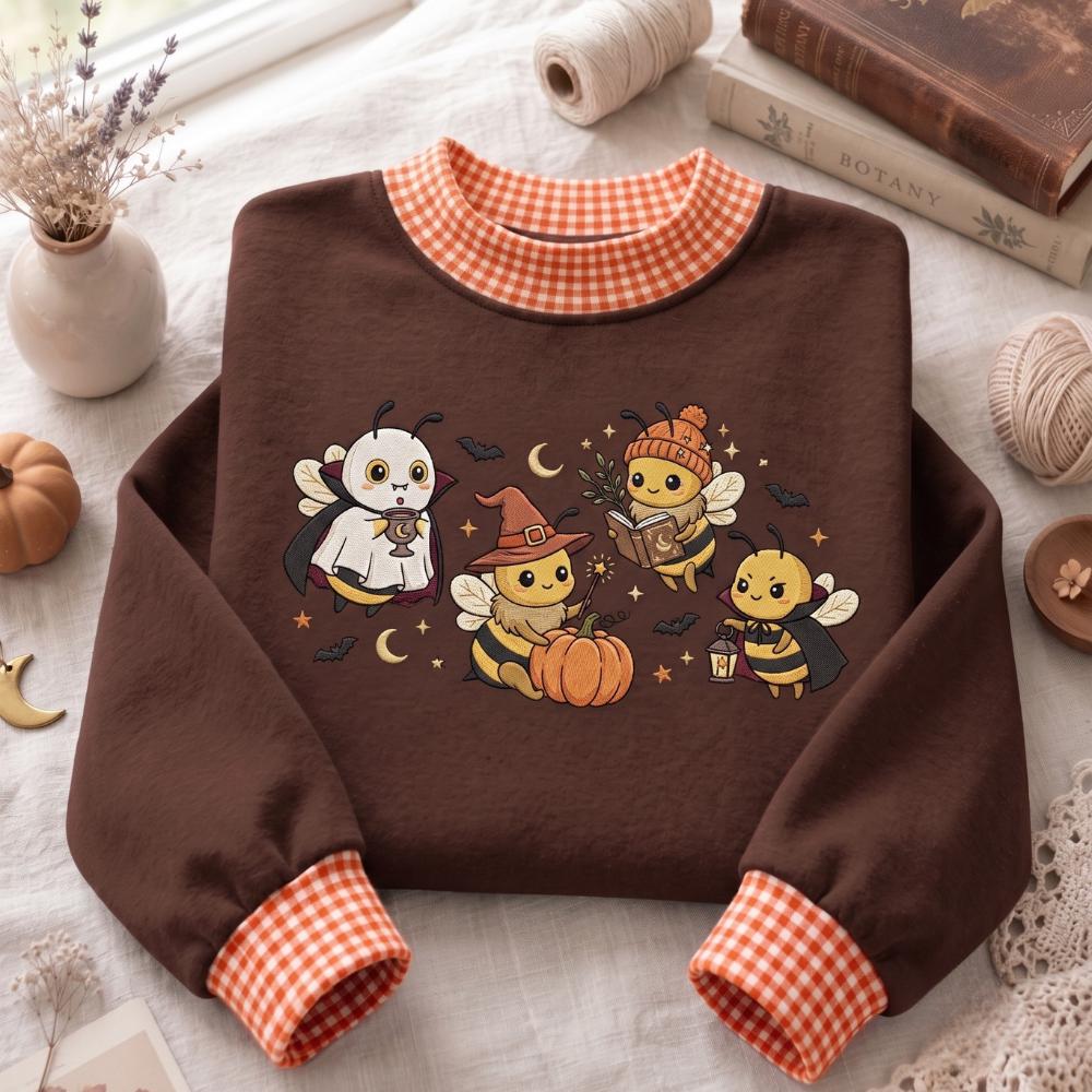 Bee Halloween Embroidered Sweatshirt with Witch Ghost Vampire Bumblebee Crewneck, Cute Spooky Fall Sweater, Bee Lover Halloween Gift - photo 2