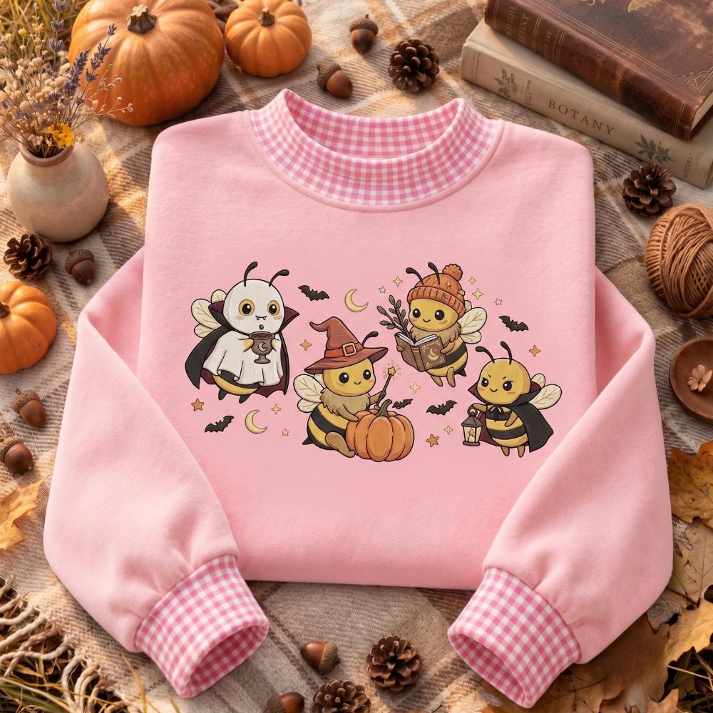 Bee Halloween Embroidered Sweatshirt with Witch Ghost Vampire Bumblebee Crewneck, Cute Spooky Fall Sweater, Bee Lover Halloween Gift - photo 3